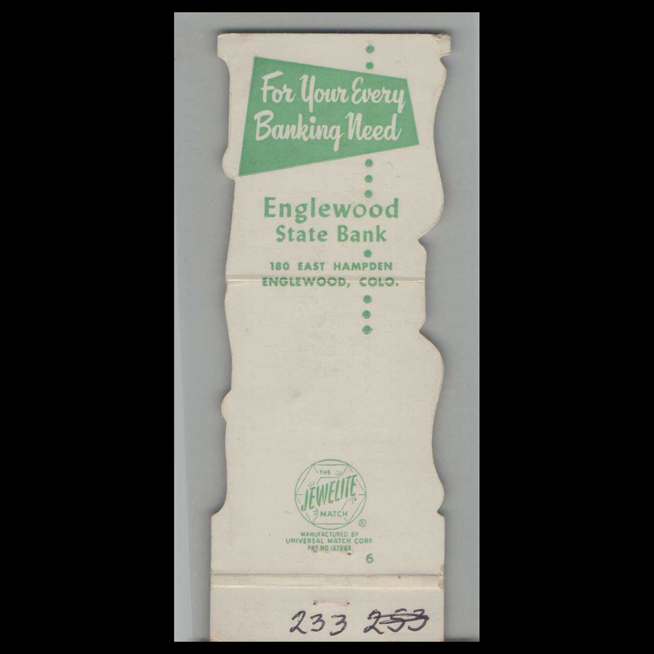 Matchbook Cover Die Cut Englewood State Bank Englewood CO Matchbook Cover Die Cut Englewood State Bank Englewood CO