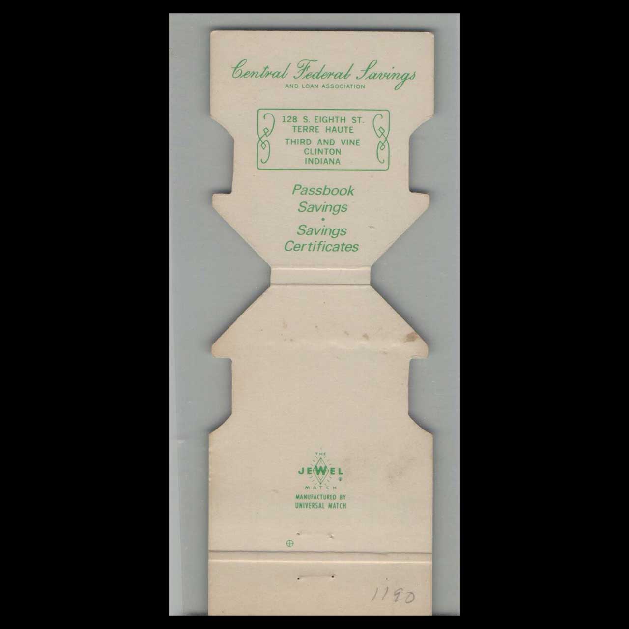 Matchbook Cover Die Cut Central Federal Savings Terra Haute IN Matchbook Cover Die Cut Central Federal Savings Terra Haute IN
