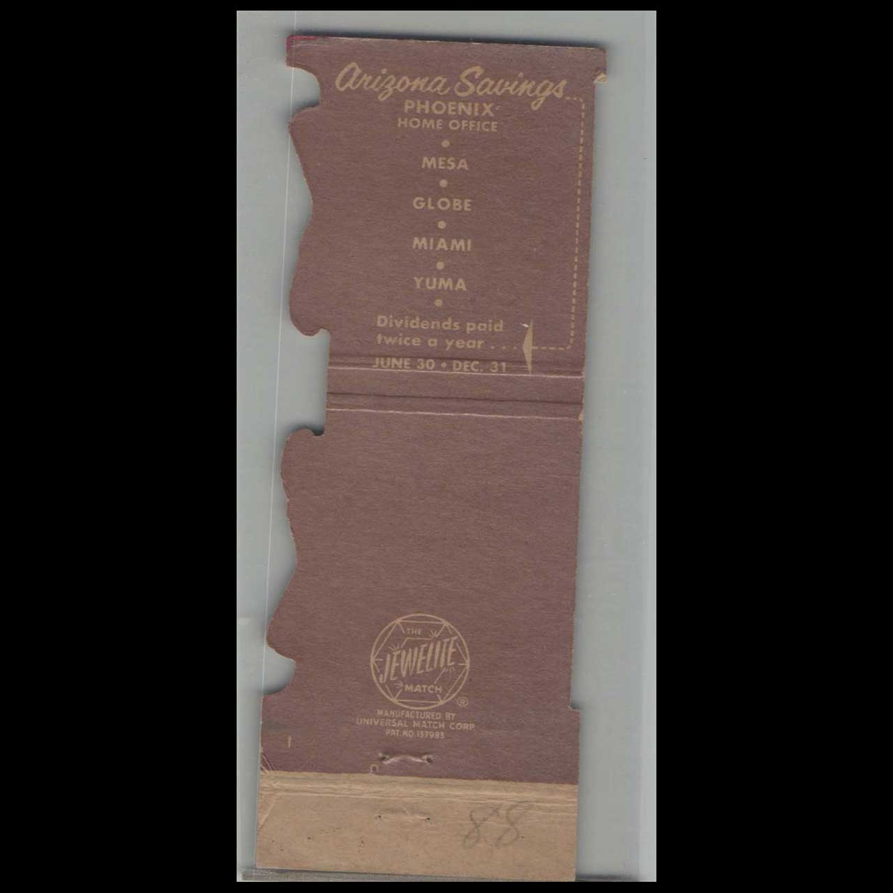 Matchbook Cover Die Cut Arizona Savings & Loan Yuma AZ Matchbook Cover Die Cut Arizona Savings & Loan Yuma AZ