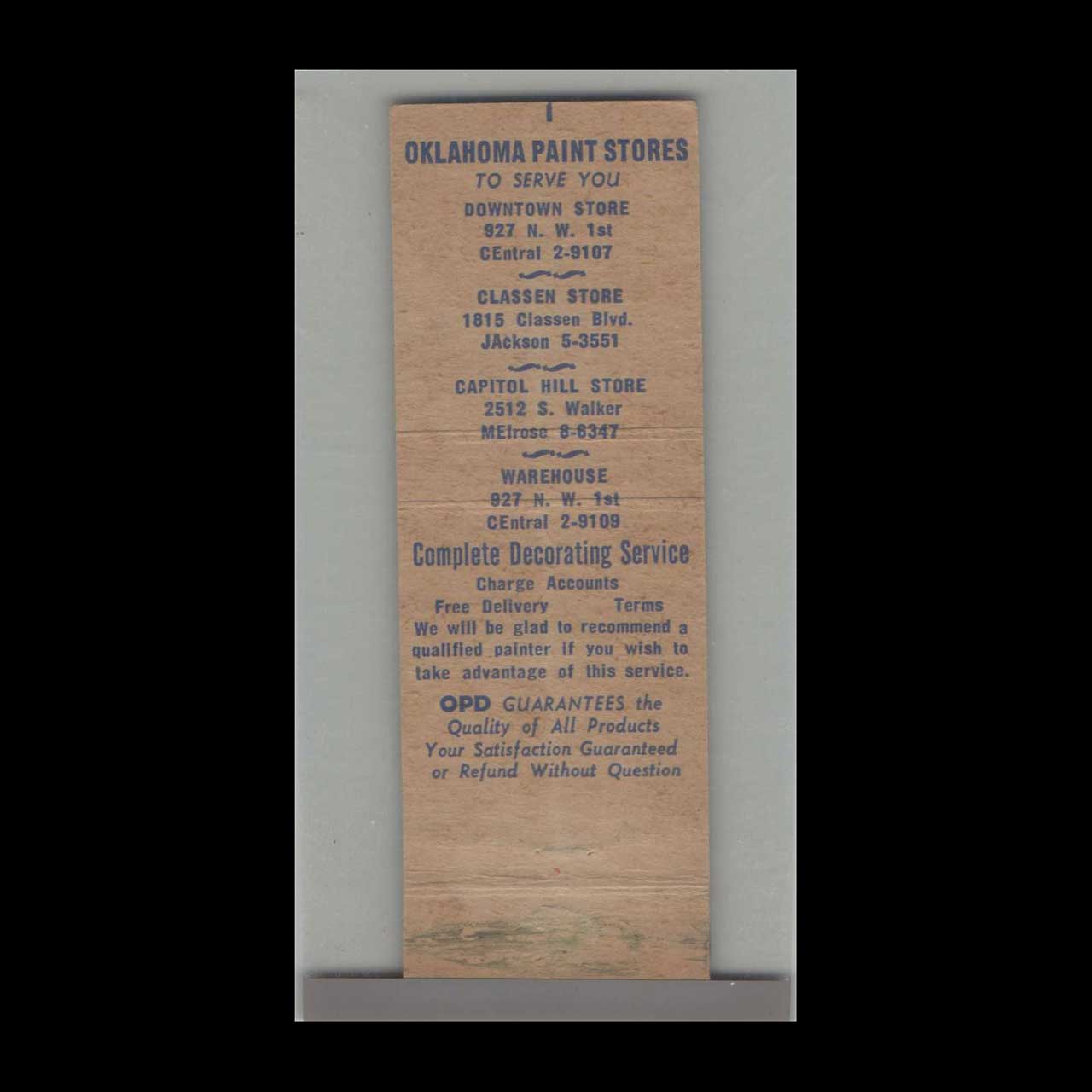 Matchbook Cover Oklahoma Oklahoma Paint Distributing Co Oklahoma City OK Matchbook Cover Oklahoma Oklahoma Paint Distributing Co Oklahoma City OK