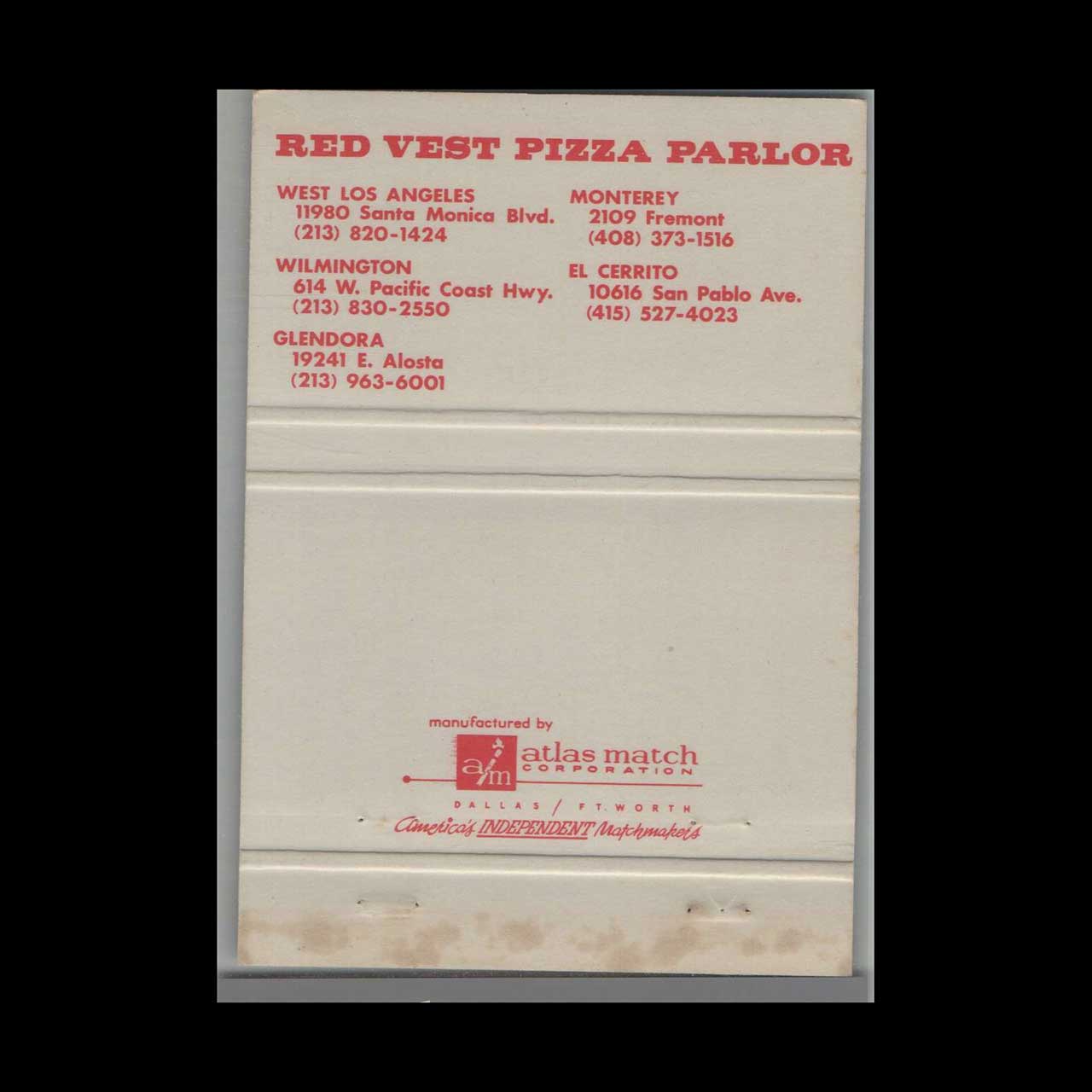 Red Vest Pizza Parlor Matchbook Cover Monterey CA Red Vest Pizza Parlor Matchbook Cover Monterey CA