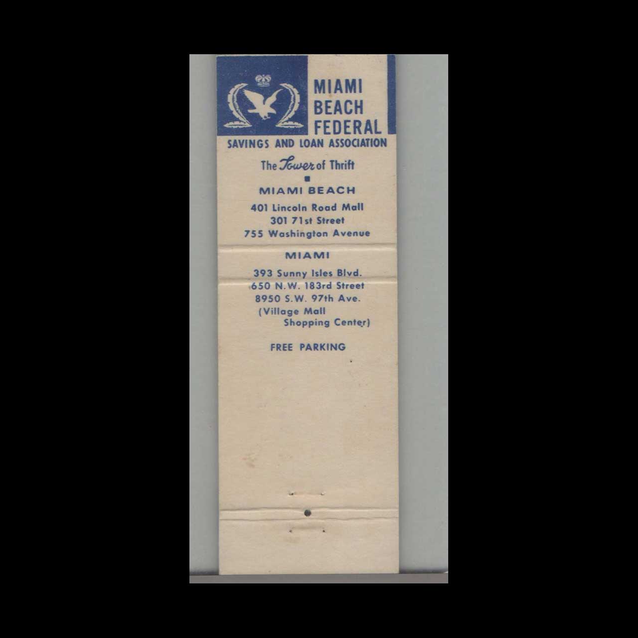 Matchbook Cover Miami Beach Miami Beach Federal Savings & Loan Association Matchbook Cover Miami Beach Miami Beach Federal Savings & Loan Association