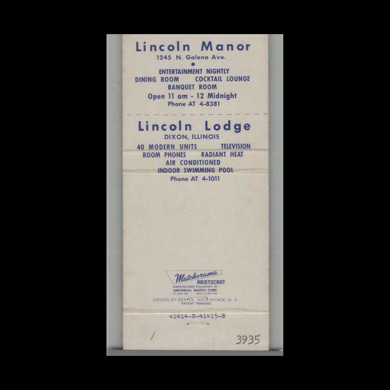 Matchbook Cover Lincoln Manor Dixon IL Matchbook Cover Lincoln Manor Dixon IL
