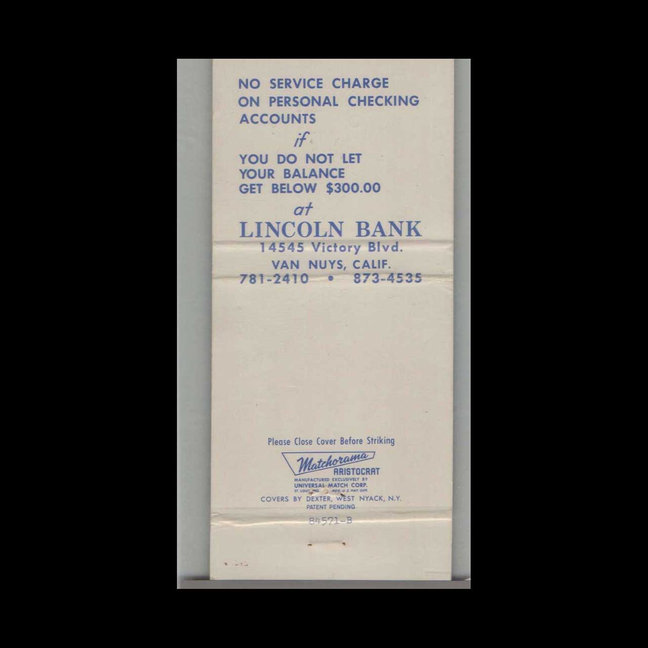 Matchbook Cover Lincoln Lincoln Bank Van Nuys CA Matchbook Cover Lincoln Lincoln Bank Van Nuys CA