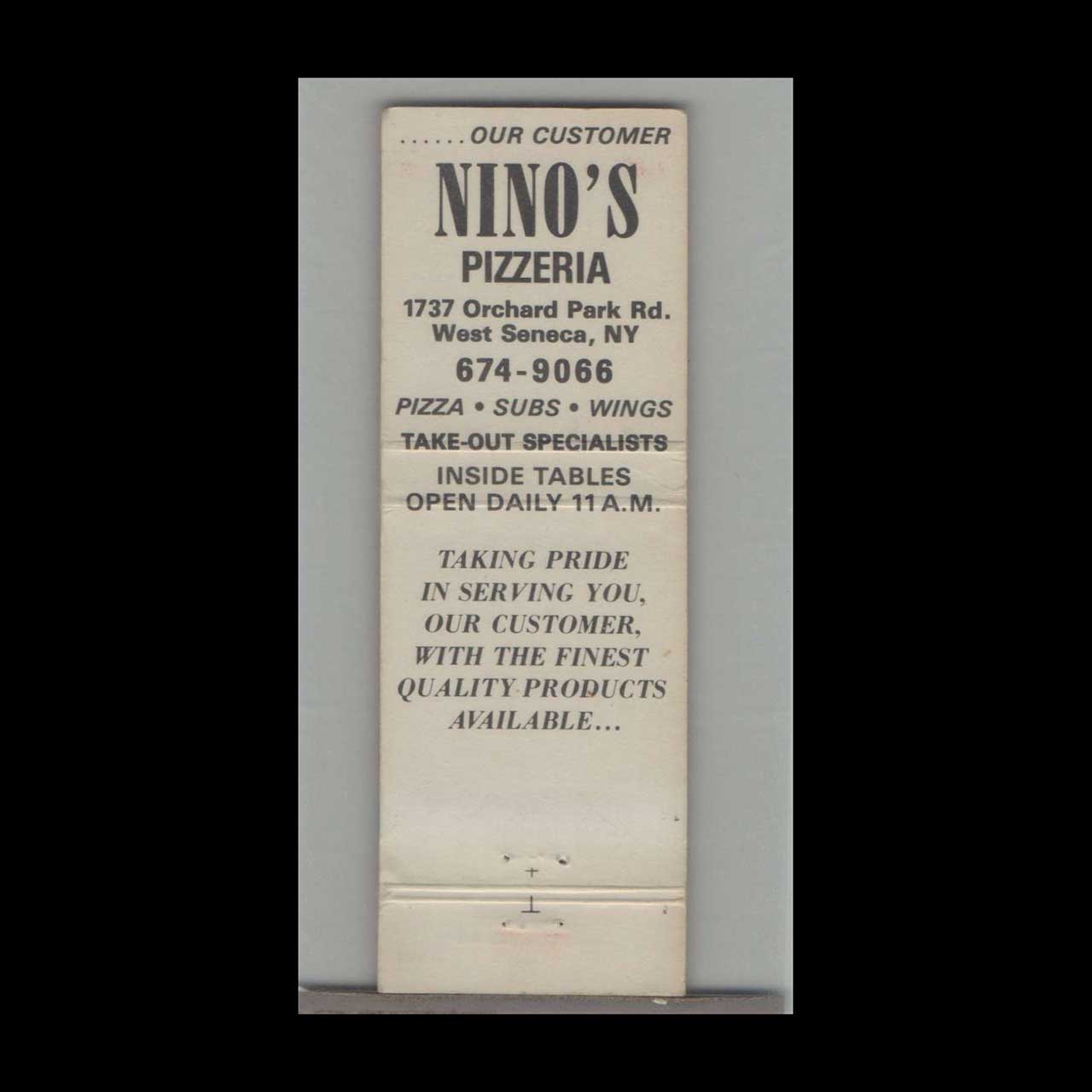 Ninos Pizzeria Matchbook Cover West Seneca NY Ninos Pizzeria Matchbook Cover West Seneca NY