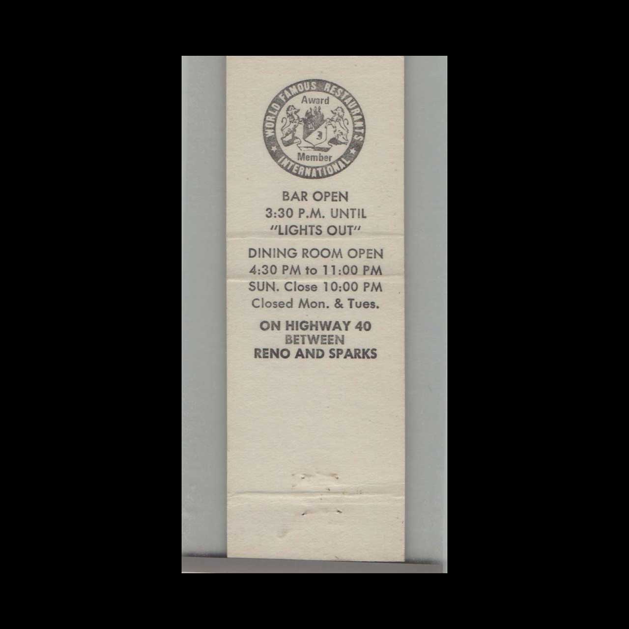 Nevada Siris Dining & Cocktails Matchbook Cover Reno Nevada Siris Dining & Cocktails Matchbook Cover Reno