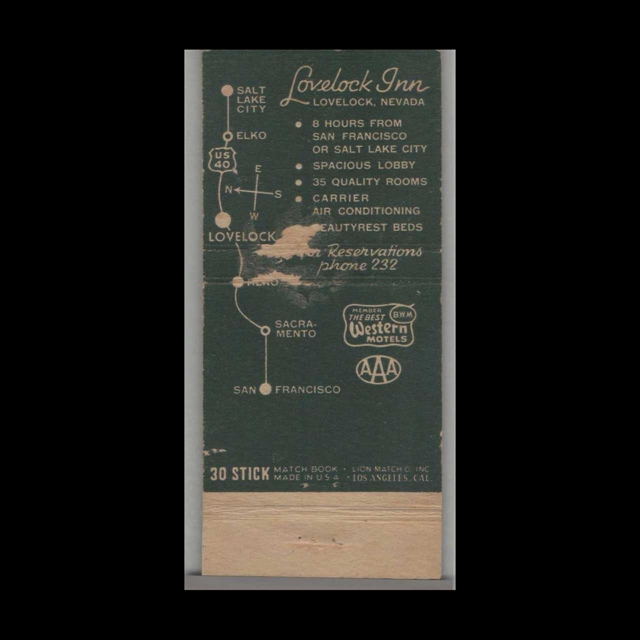 Matchbook Cover Nevada Lovelock Inn Lovelock NV Matchbook Cover Nevada Lovelock Inn Lovelock NV