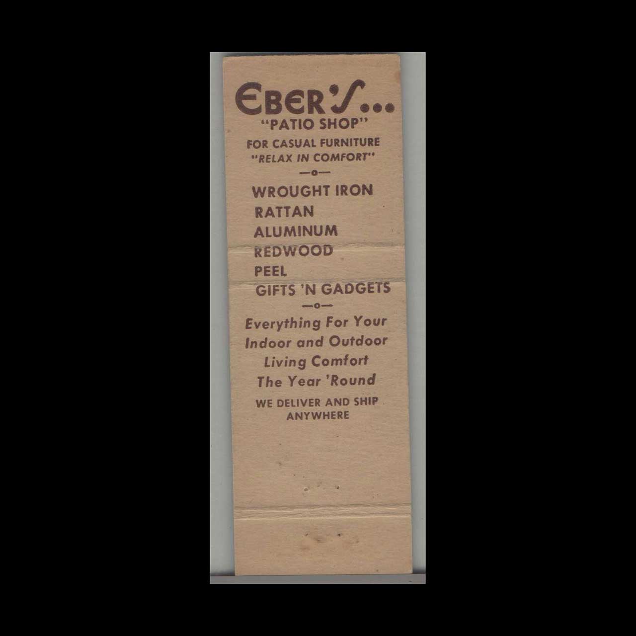 Matchbook Cover Ebers Patio Shop Plainfield NJ Matchbook Cover Ebers Patio Shop Plainfield NJ