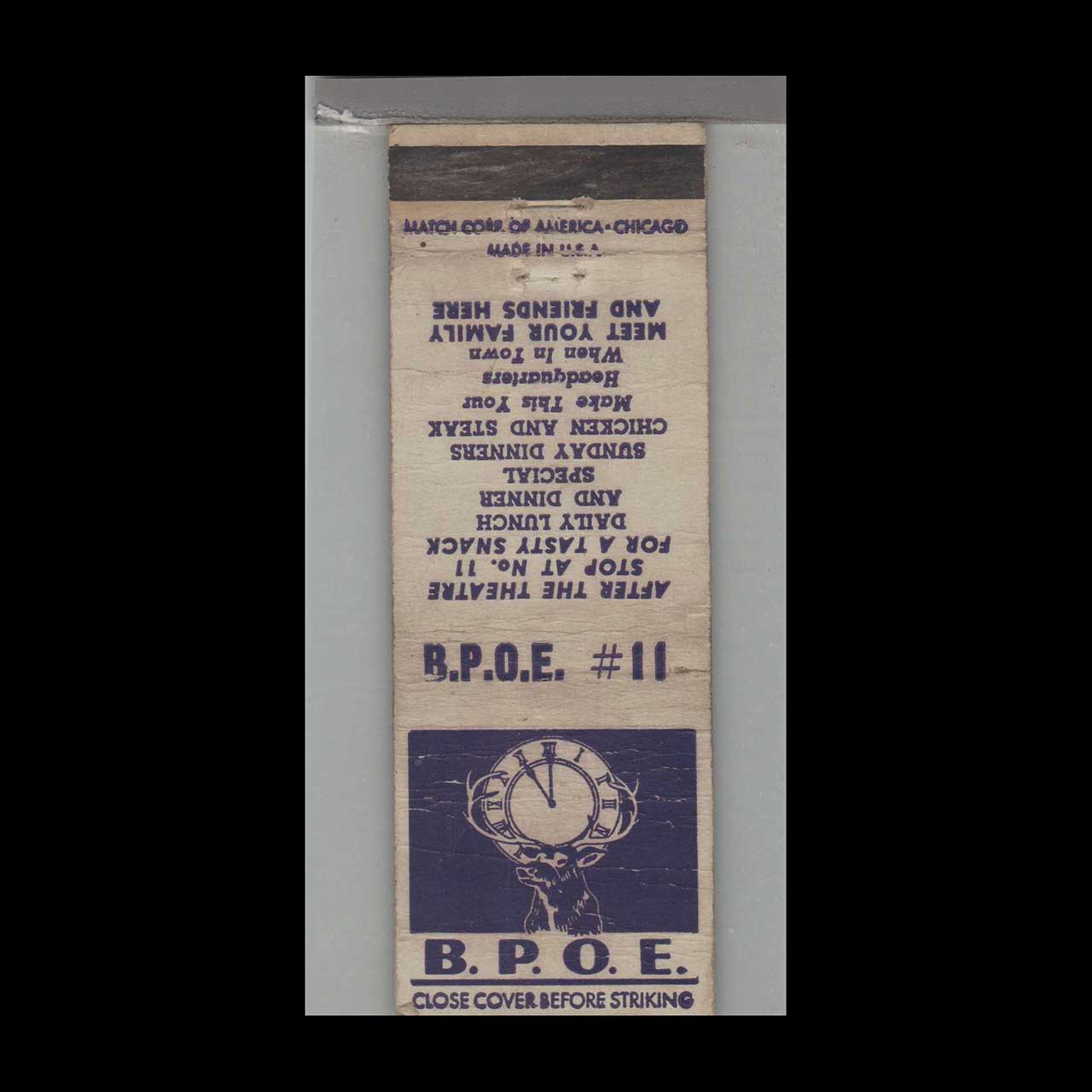 BPOE Elks Lodge No 11 Matchbook Cover Pittsburgh