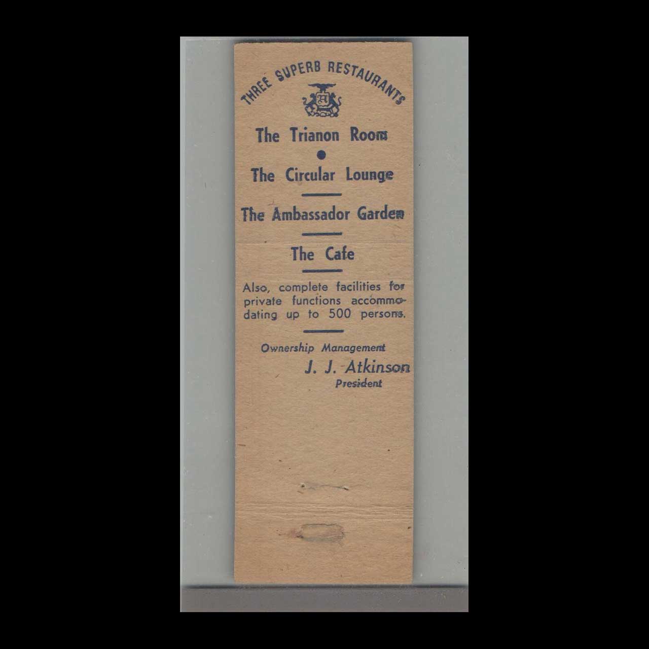 Matchbook Cover Hotel Ambassador New York NY Matchbook Cover Hotel Ambassador New York NY