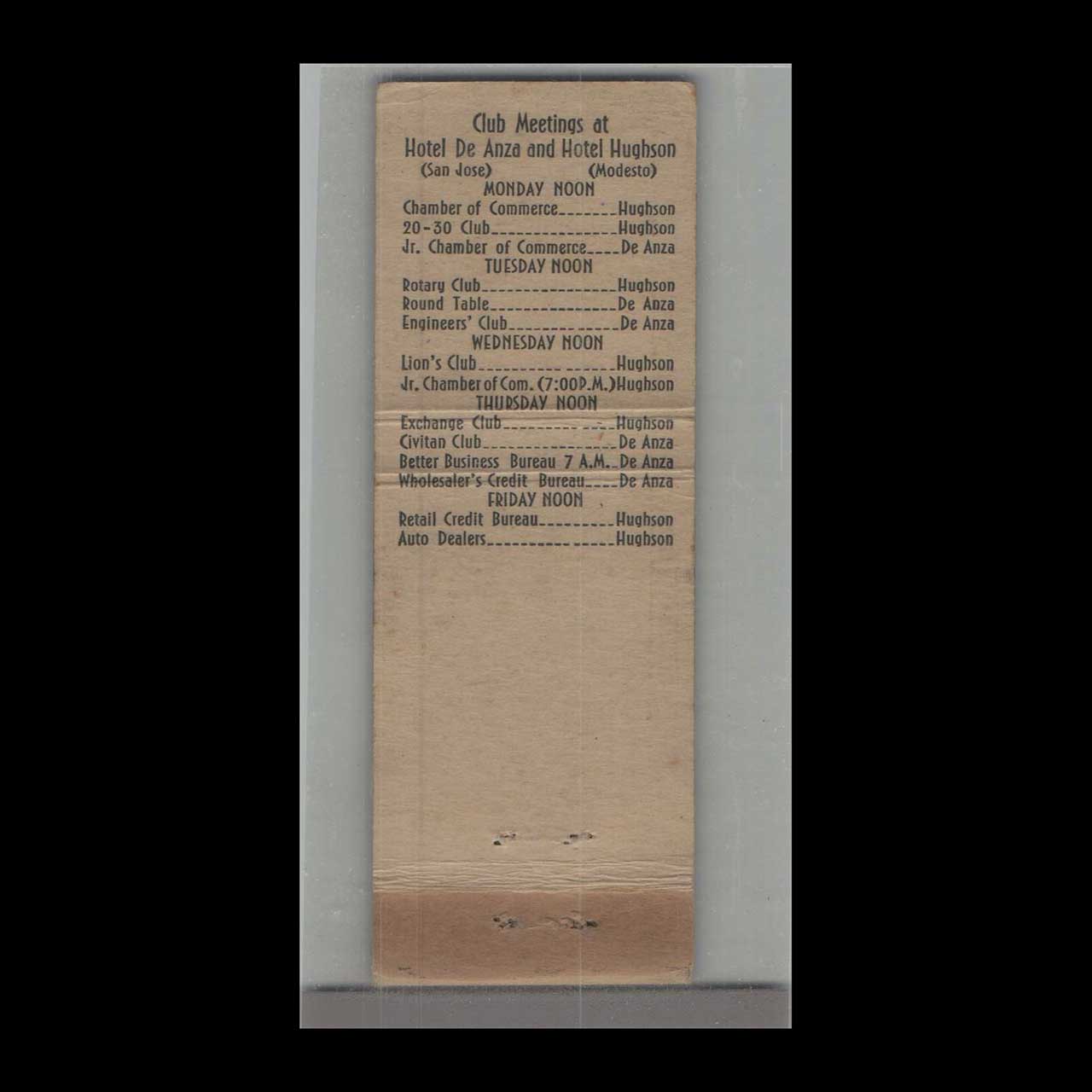 Matchbook Cover Hotel De Anza San Jose CA Matchbook Cover Hotel De Anza San Jose CA