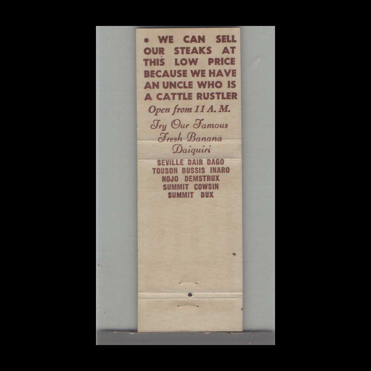 Matchbook Cover Black Angus Restaurant Bar & Lounge Miami Beach FL Matchbook Cover Black Angus Restaurant Bar & Lounge Miami Beach FL