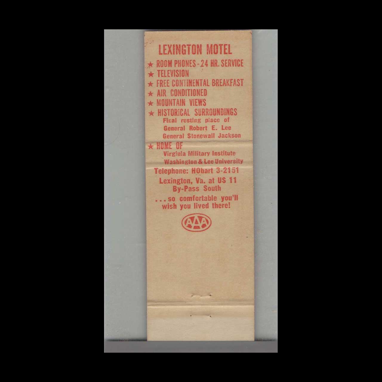 Matchcover Lexington Motel Lexington VA Matchcover Lexington Motel Lexington VA