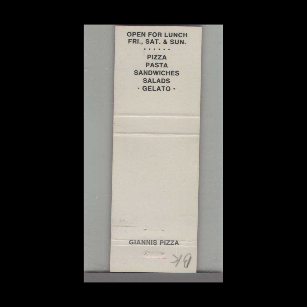 Giannis Pizza Monterey Matchbook Cover Giannis Pizza Monterey Matchbook Cover