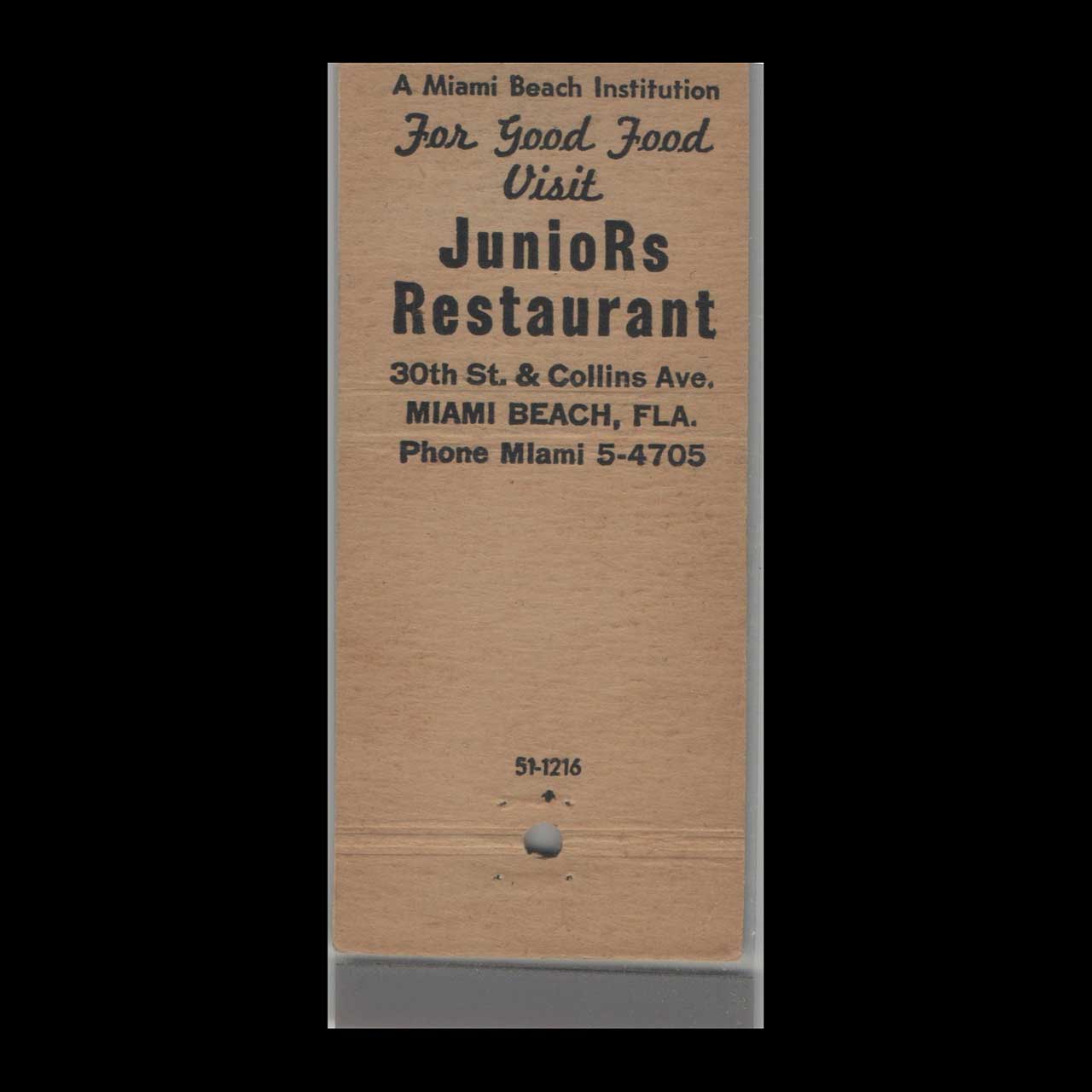 The Juniors Restaurant Miami Beach Matchbook Cover The Juniors Restaurant Miami Beach Matchbook Cover