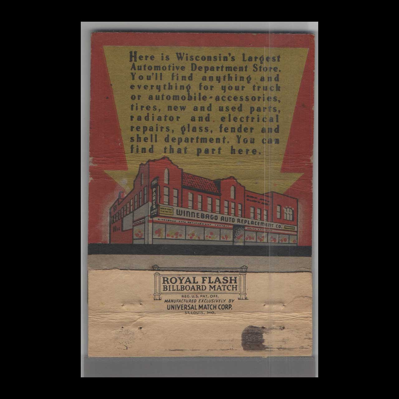Royal Flash Winnebago Auto Matchbook Cover Madison WI Royal Flash Winnebago Auto Matchbook Cover Madison WI