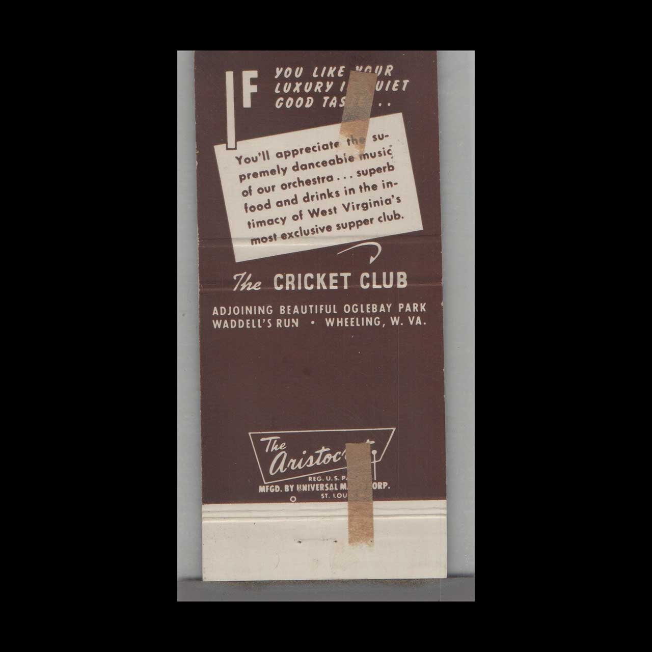 West Virginia Cricket Club Matchbook Cover Wheeling West Virginia Cricket Club Matchbook Cover Wheeling