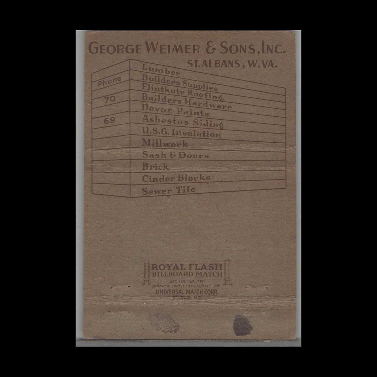 West Virginia George Weimer & Sons Matchbook Cover West Virginia George Weimer & Sons Matchbook Cover