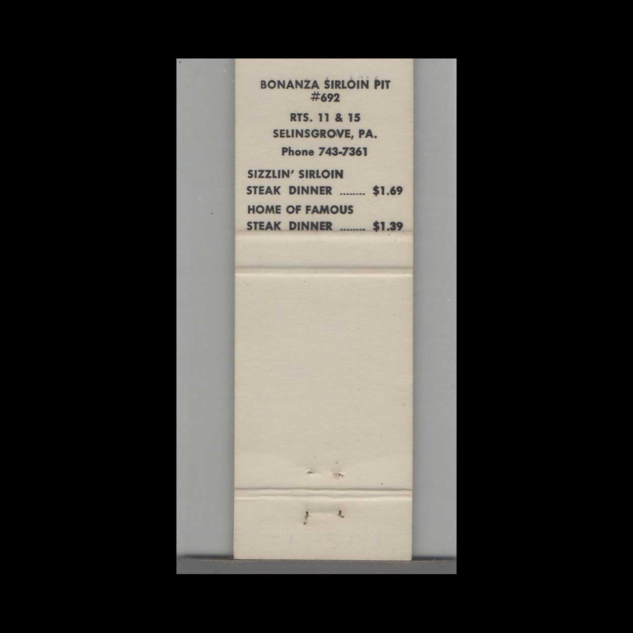 Bonanza Sirloin Pit Matchbook Cover Little Joe Selinsgrove Bonanza Sirloin Pit Matchbook Cover Little Joe Selinsgrove