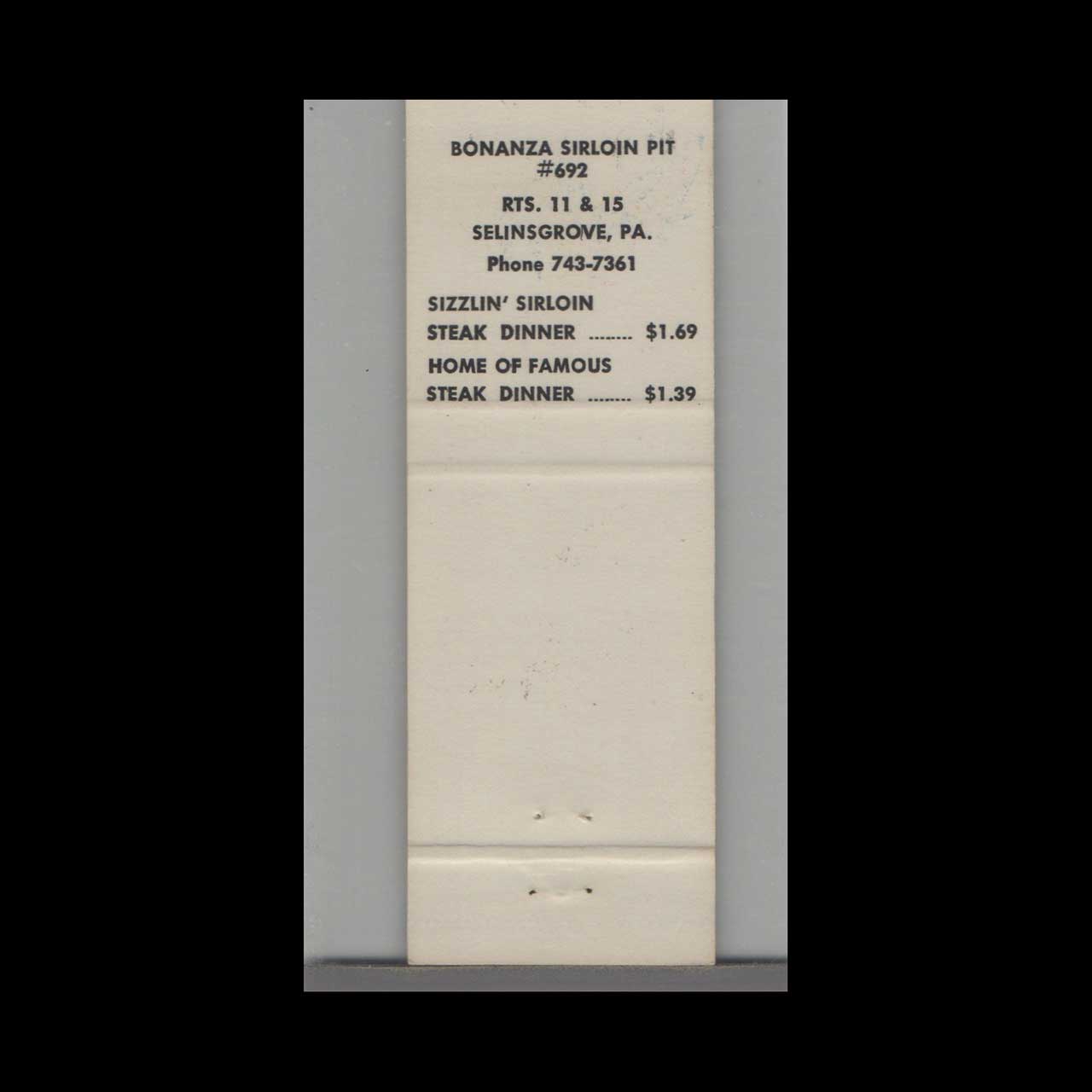 Bonanza Sirloin Pit Matchbook Cover Selinsgrove PA Bonanza Sirloin Pit Matchbook Cover Selinsgrove PA