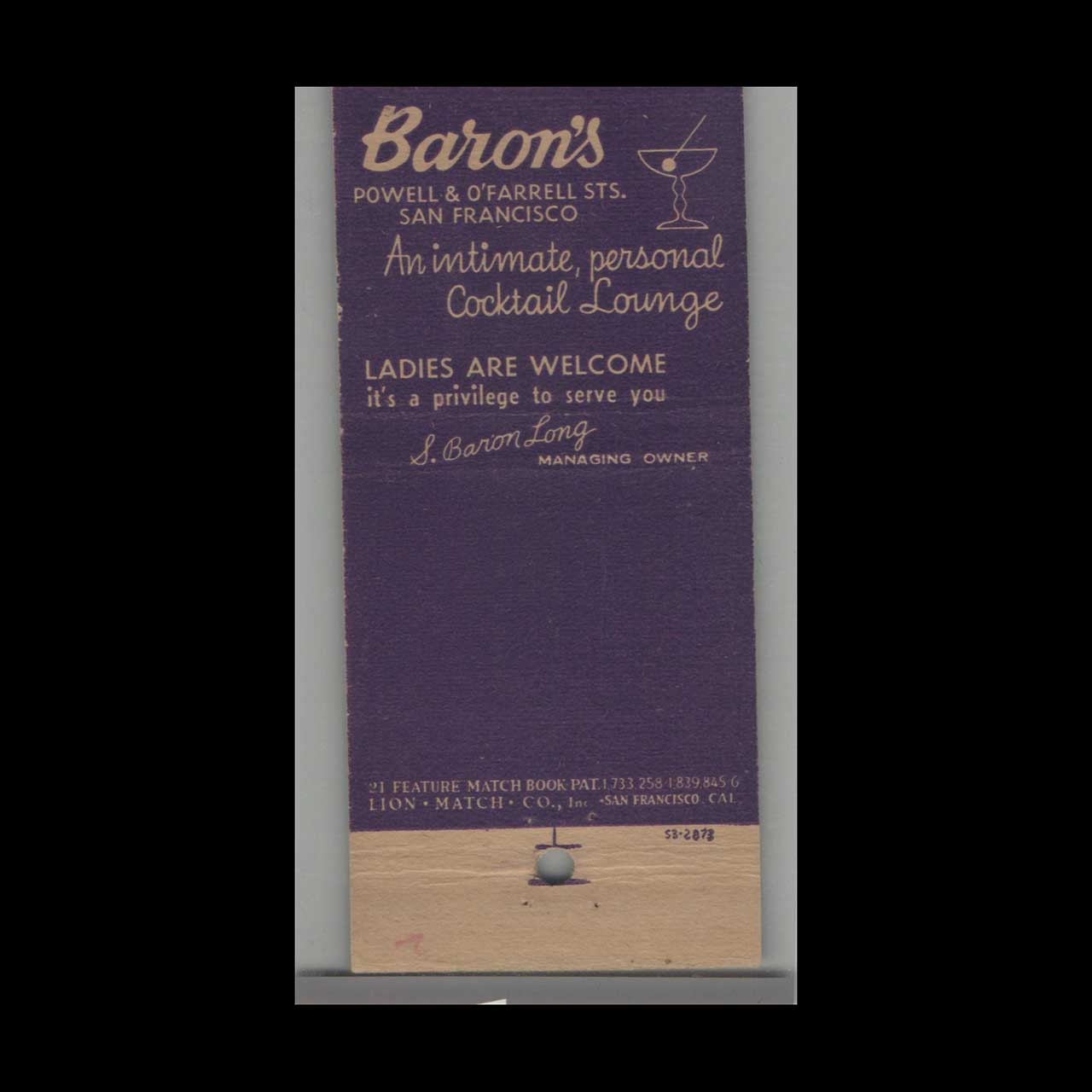 Matchbook Cover Barons The Bar On Powell San Francisco CA Matchbook Cover Barons The Bar On Powell San Francisco CA