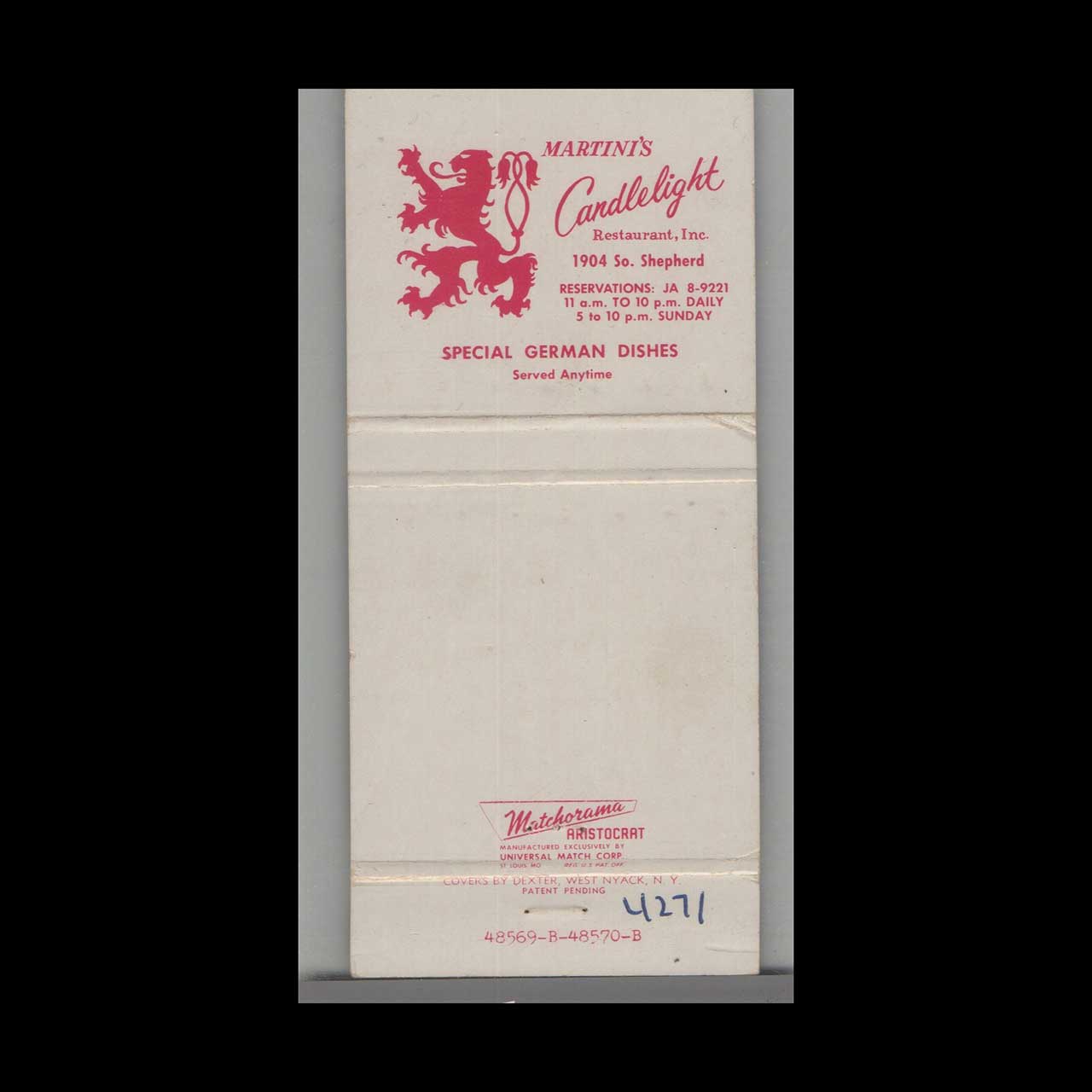 Martinis Candlelight Restaurant Houston Matchbook Cover Martinis Candlelight Restaurant Houston Matchbook Cover