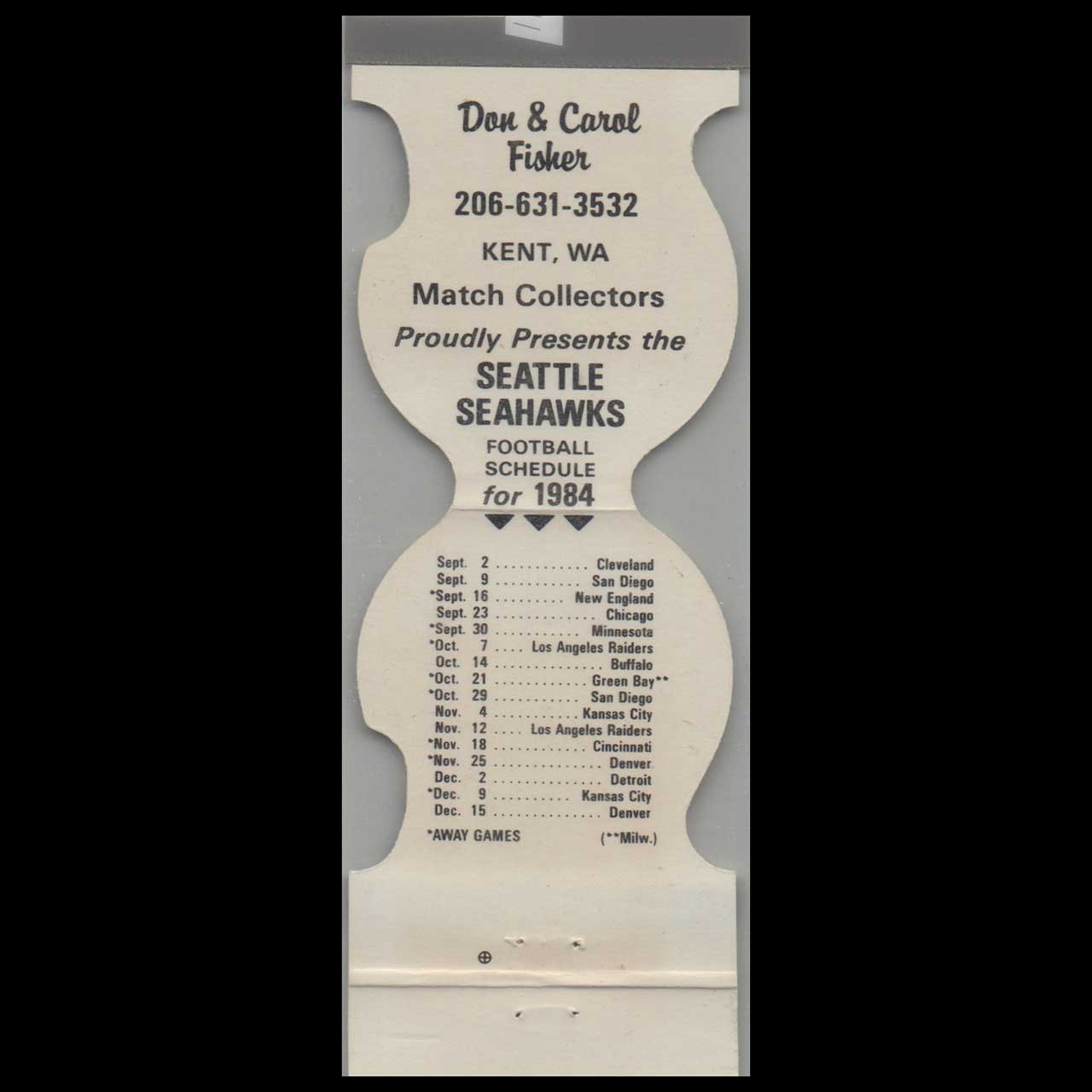 1984 Seattle Seahawks Football Schedule Matchbook Cover 1984 Seattle Seahawks Football Schedule Matchbook Cover