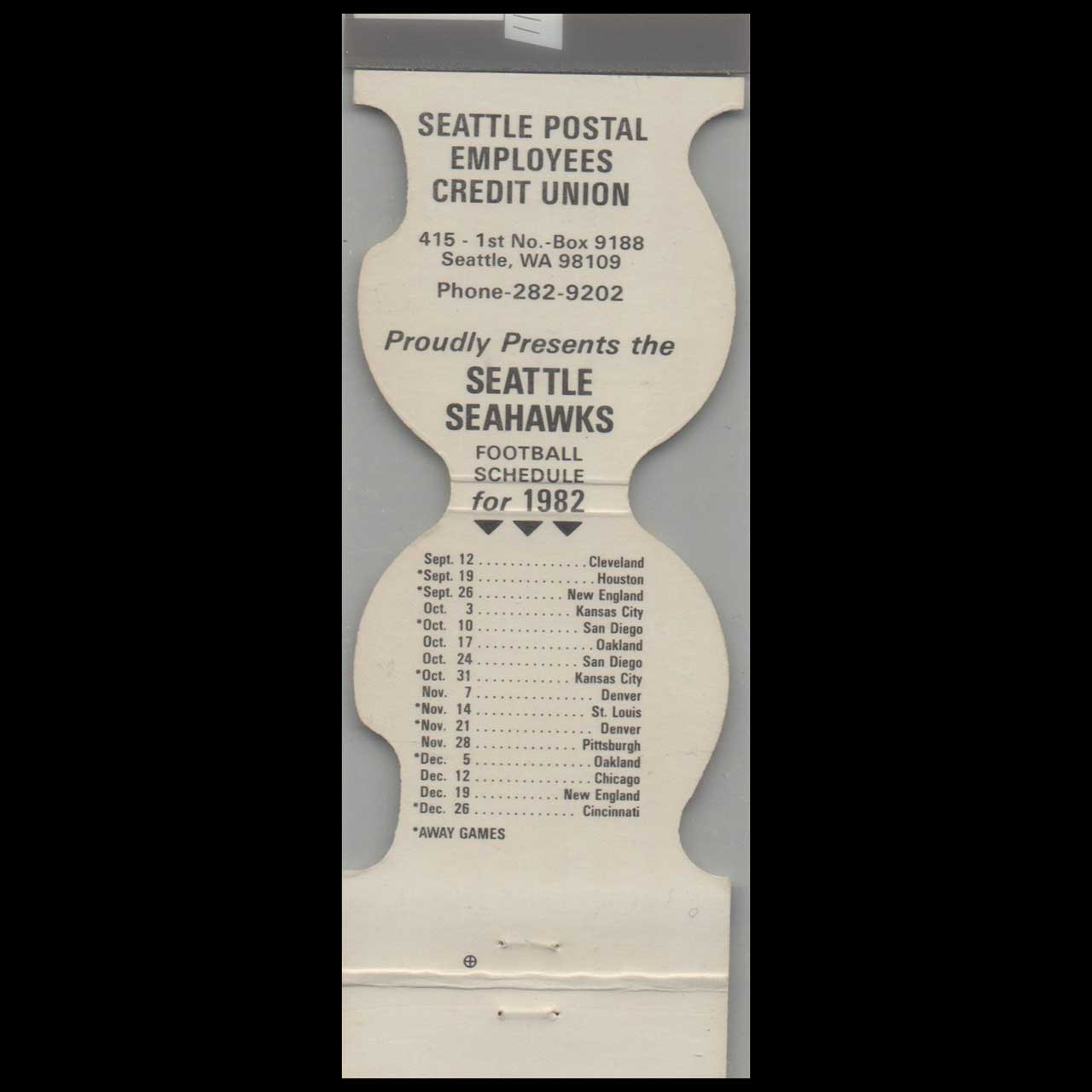 Seattle Seahawks 1982 Schedule Matchbook Cover Seattle Seahawks 1982 Schedule Matchbook Cover