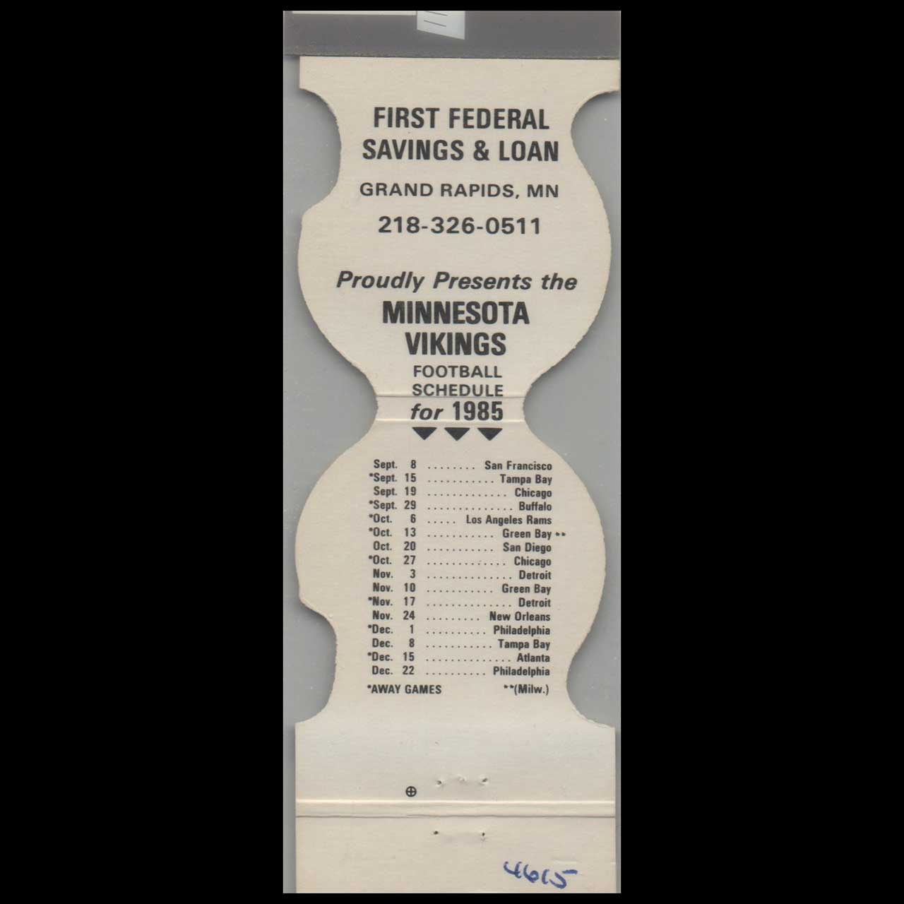 1985 Minnesota Vikings Football Schedule Matchbook Cover 1985 Minnesota Vikings Football Schedule Matchbook Cover