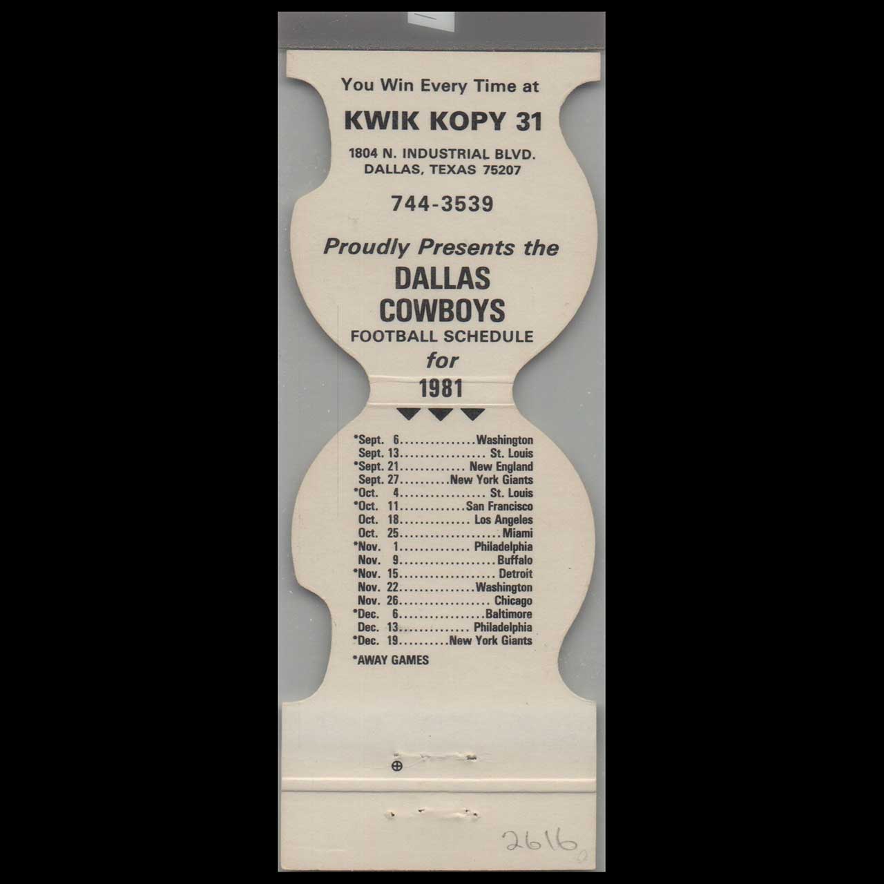 1981 Dallas Cowboys Football Schedule Matchbook Cover 1981 Dallas Cowboys Football Schedule Matchbook Cover