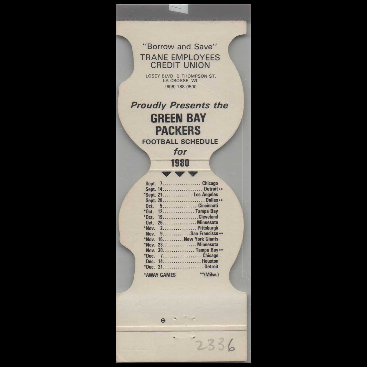 Green Bay Packers 1980 Schedule Matchbook Cover Trane Credit Union Green Bay Packers 1980 Schedule Matchbook Cover Trane Credit Union