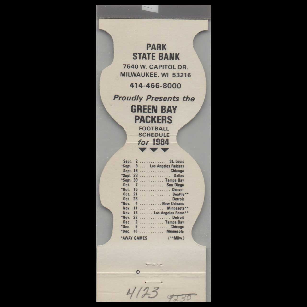 Green Bay Packers 1984 Schedule Matchbook Cover Green Bay Packers 1984 Schedule Matchbook Cover