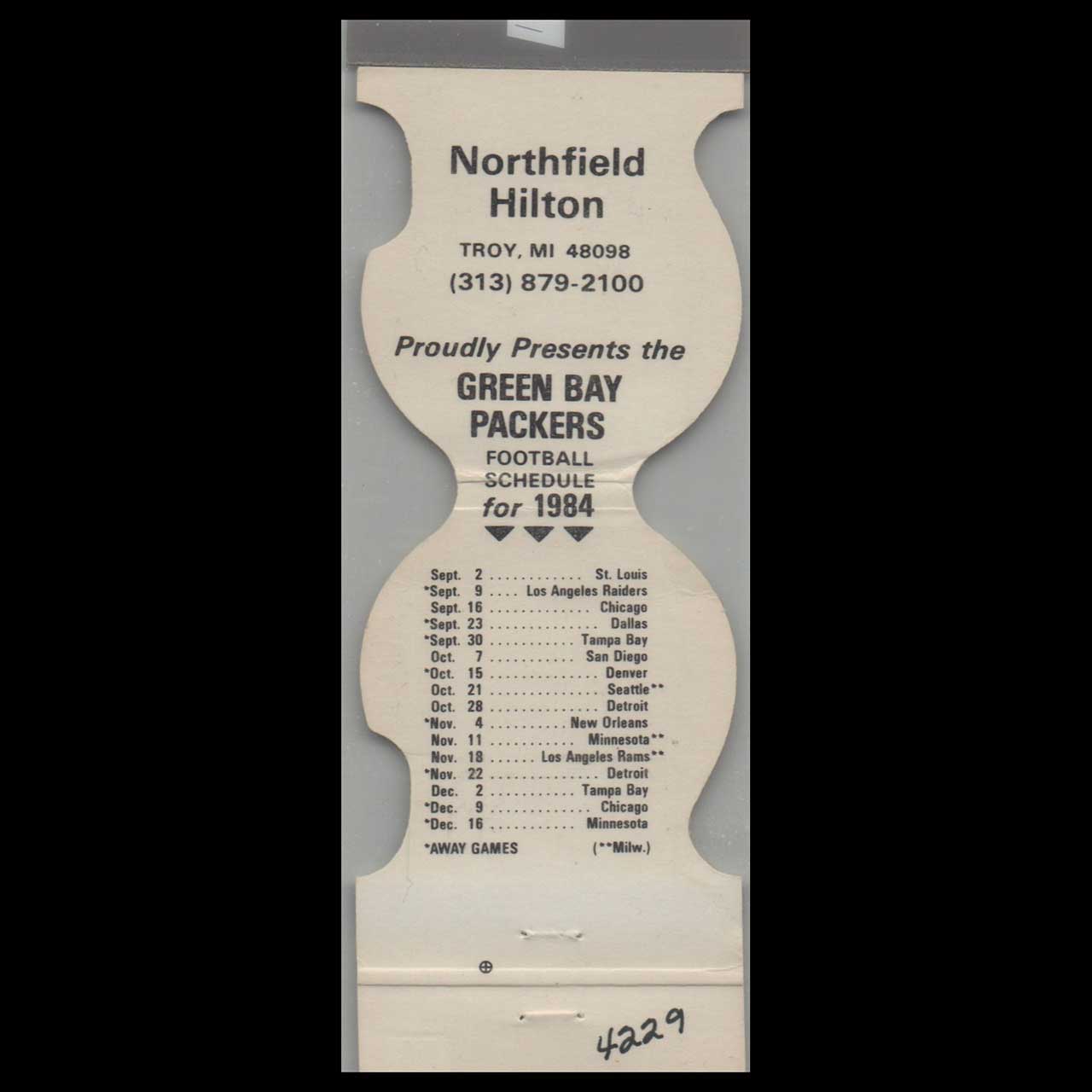 Green Bay Packers 1984 Schedule Matchbook Cover Northfield Hilton Green Bay Packers 1984 Schedule Matchbook Cover Northfield Hilton