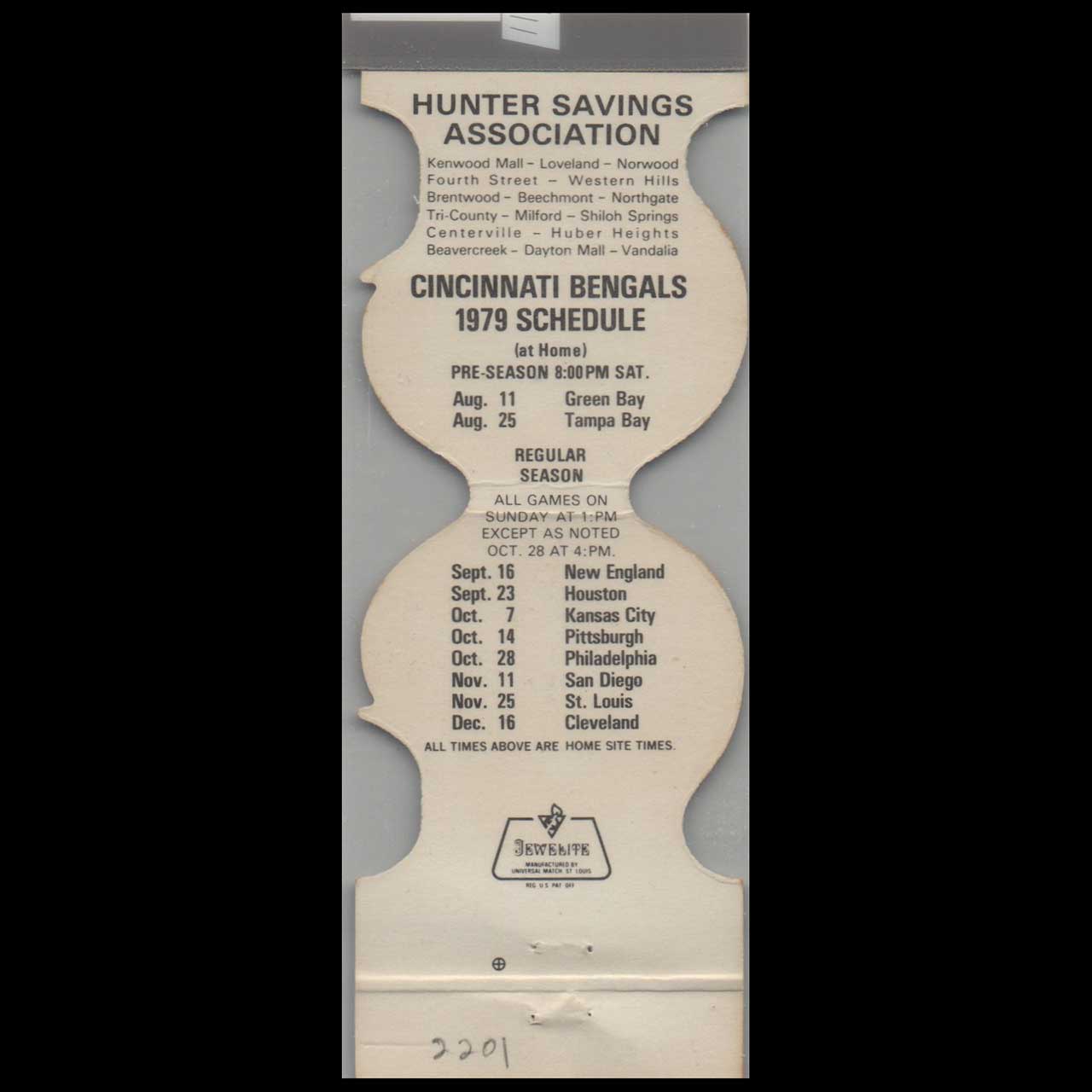 Cincinnati Bengals 1979 Football Schedule Matchbook Cover Cincinnati Bengals 1979 Football Schedule Matchbook Cover