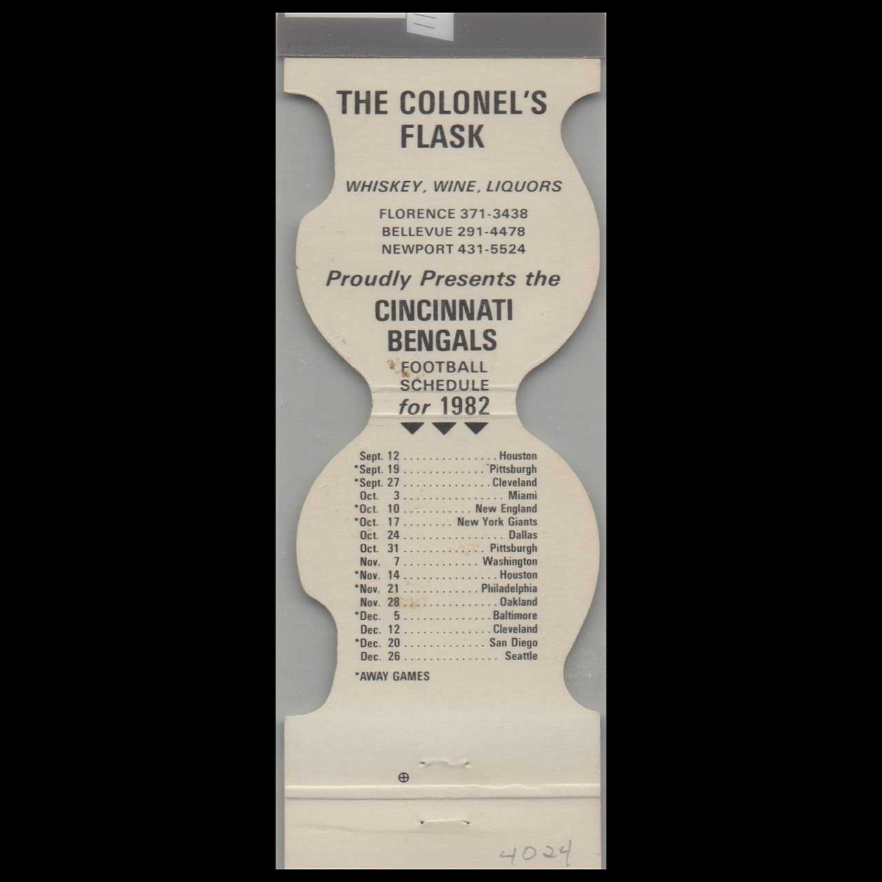 Cincinnati Bengals 1982 Football Schedule Matchbook Cover Cincinnati Bengals 1982 Football Schedule Matchbook Cover