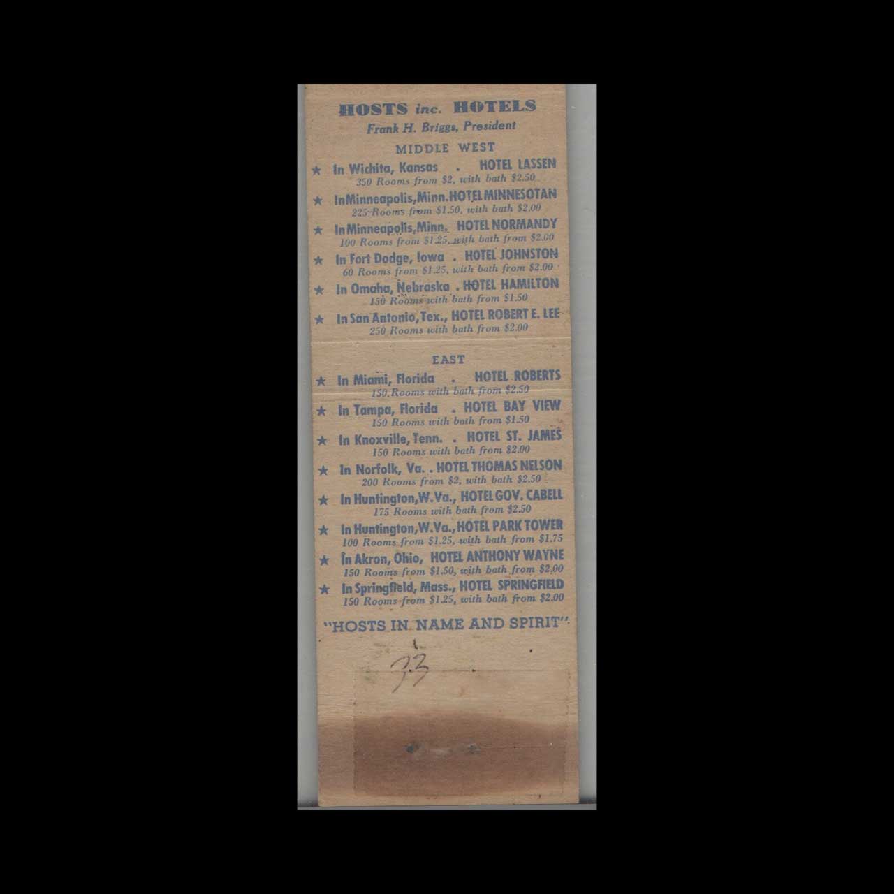 Matchbook Cover West Virginia Hotel Park Tower Huntington WV Matchbook Cover West Virginia Hotel Park Tower Huntington WV