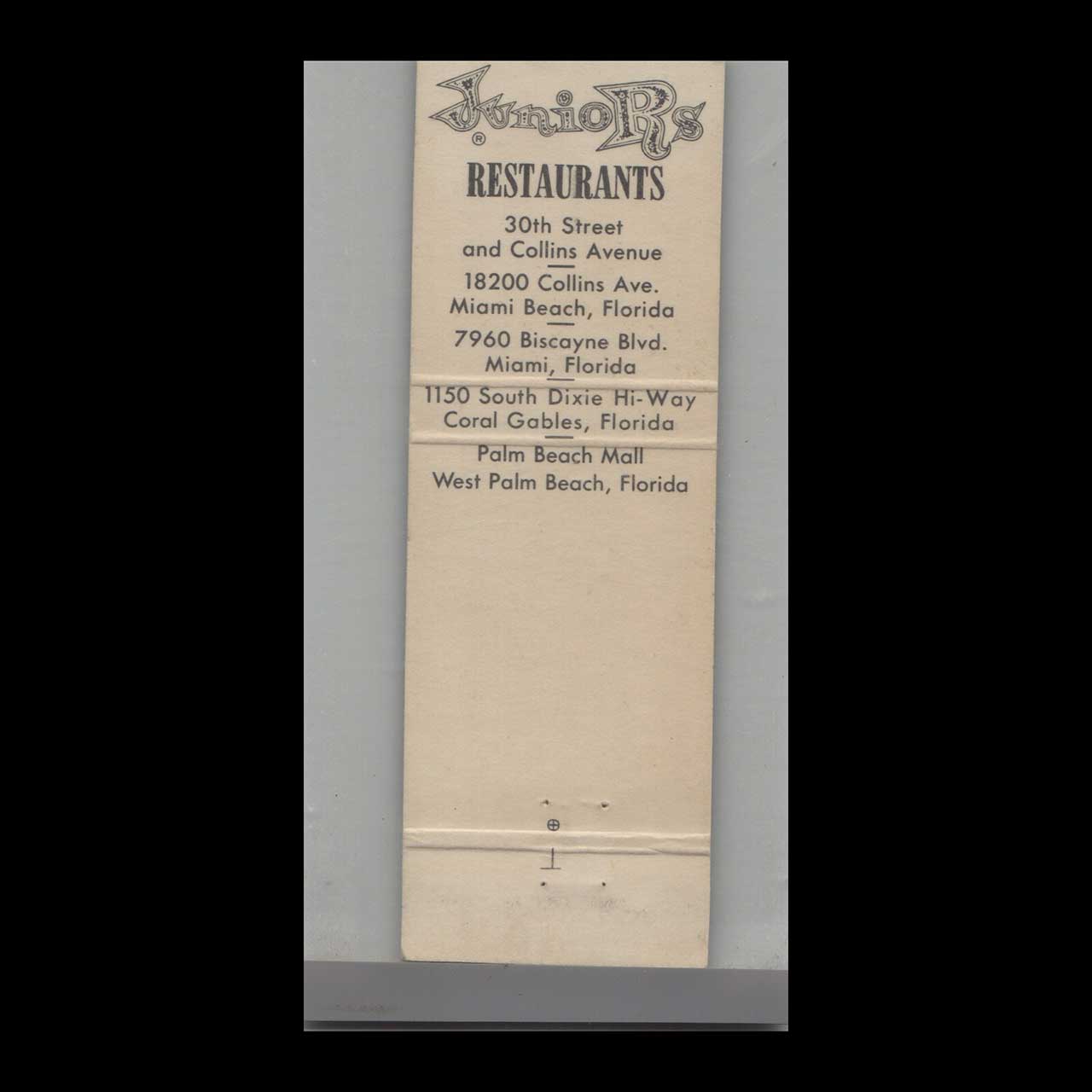 Florida Juniors Restaurant Miami Beach Matchbook Cover Florida Juniors Restaurant Miami Beach Matchbook Cover
