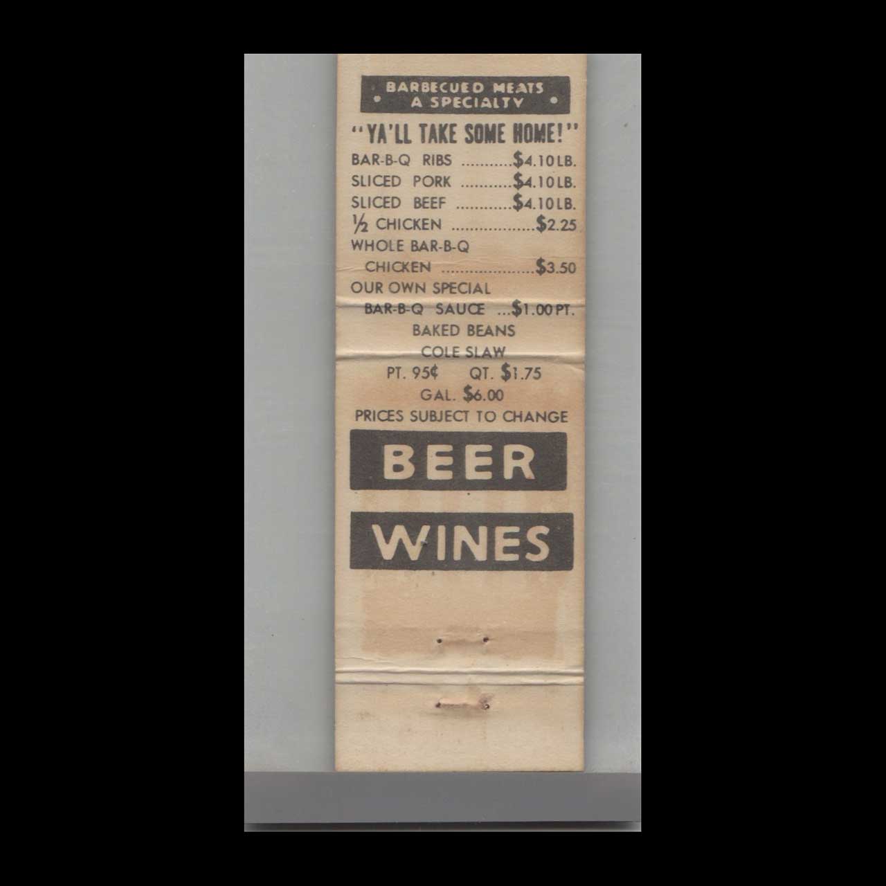 Bernices Open Pit Bar B Q Naples FL Matchbook Cover Bernices Open Pit Bar B Q Naples FL Matchbook Cover