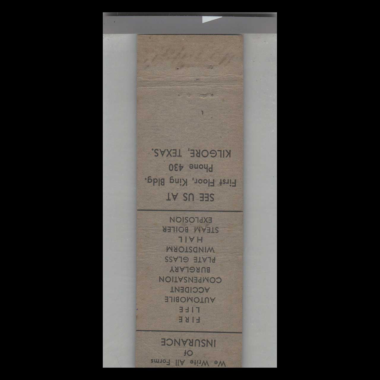 1930s Jack Y Bass Insurance Matchbook Cover Kilgore TX 1930s Jack Y Bass Insurance Matchbook Cover Kilgore TX