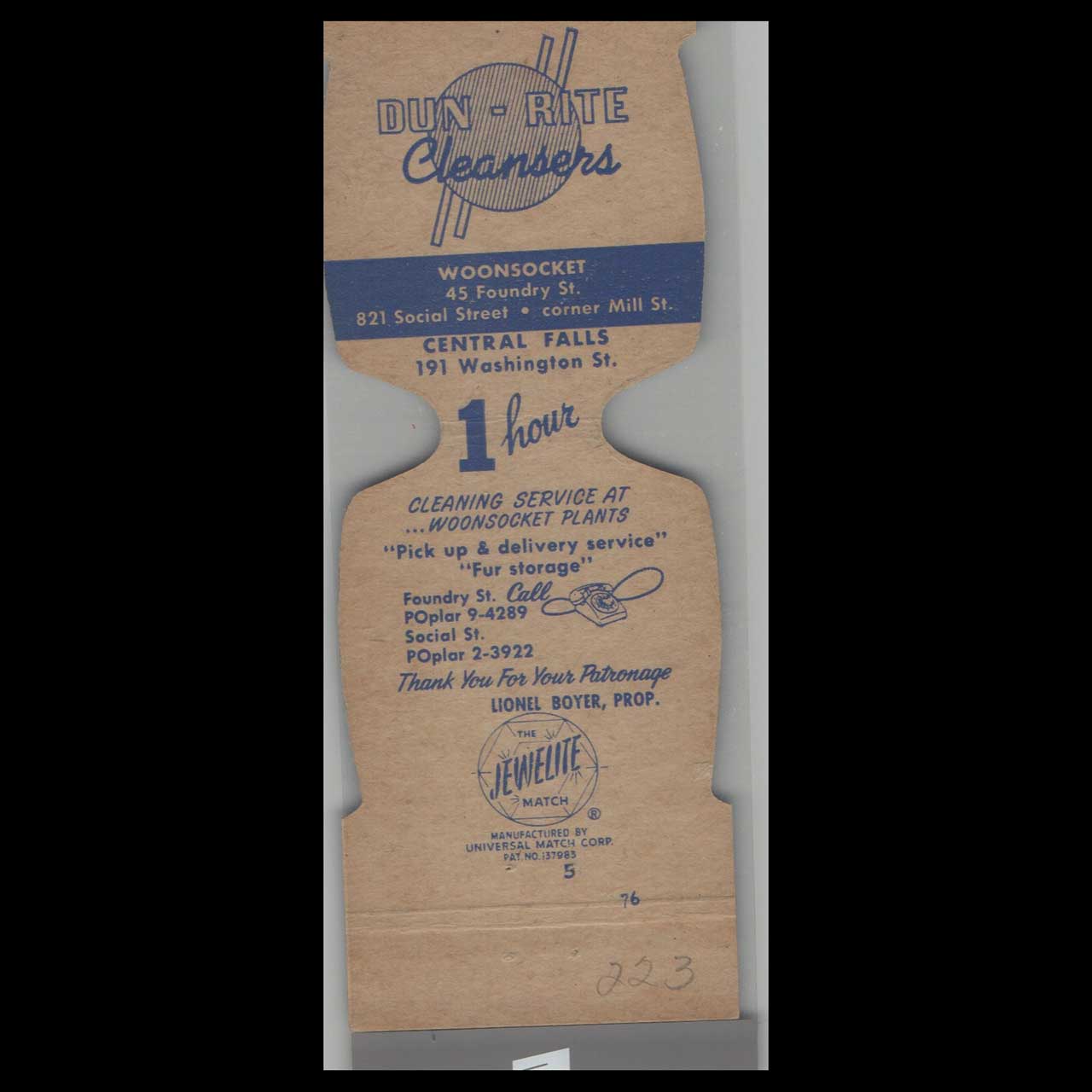 Dun Rite Cleansers Matchbook Cover Woonsocket RI Dun Rite Cleansers Matchbook Cover Woonsocket RI