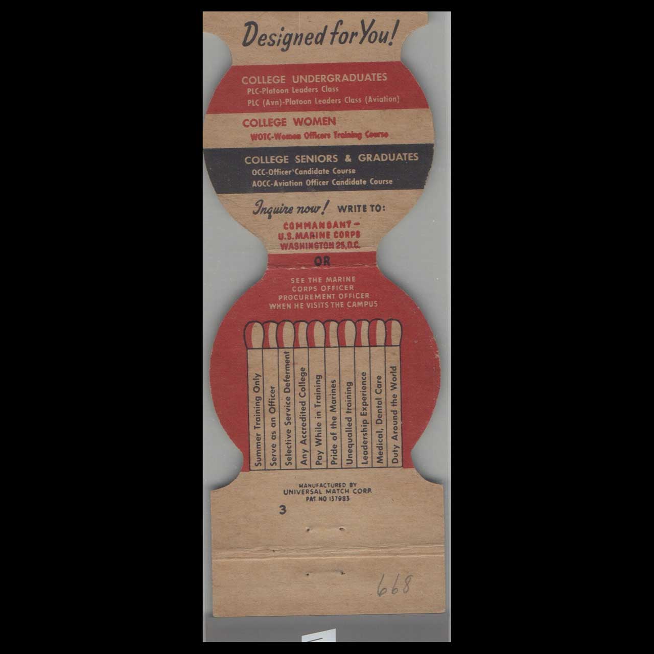 US Marine Corps Officer Training Matchbook Cover US Marine Corps Officer Training Matchbook Cover