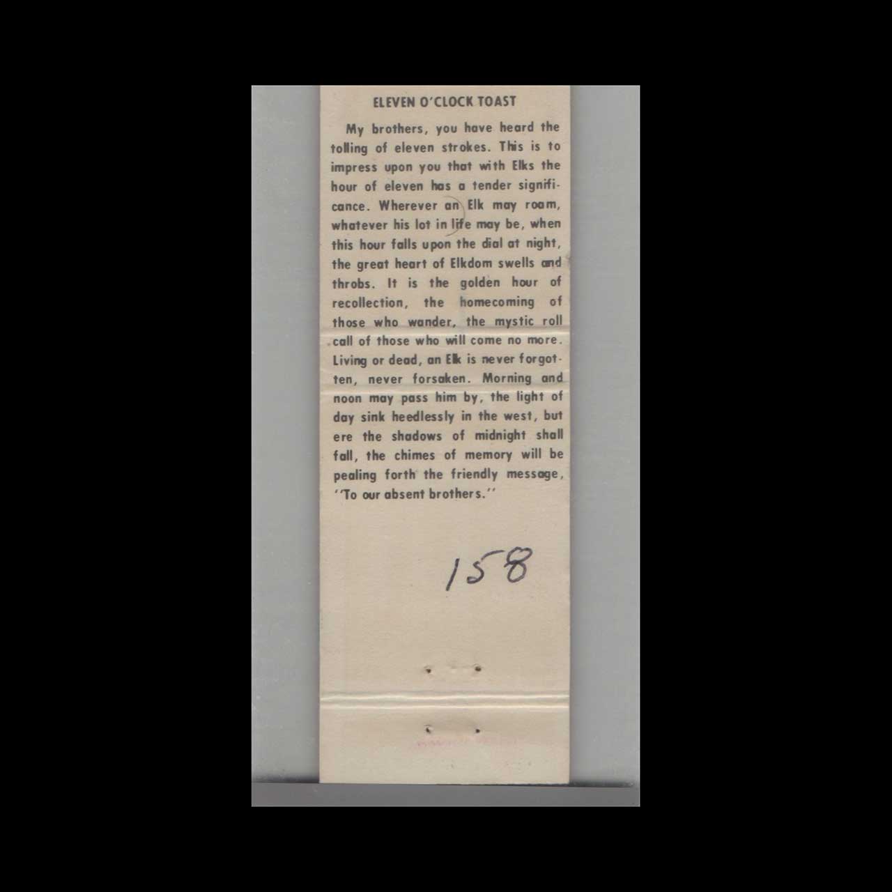 BPOE Elks Lodge #158 Springfield IL Matchbook Cover BPOE Elks Lodge #158 Springfield IL Matchbook Cover