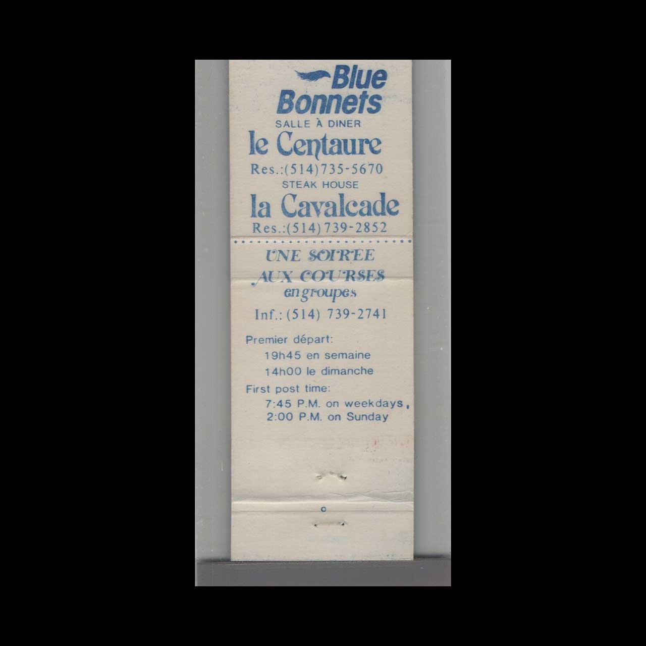 Blue Bonnets Racetrack Matchbook Cover Montreal Blue Bonnets Racetrack Matchbook Cover Montreal