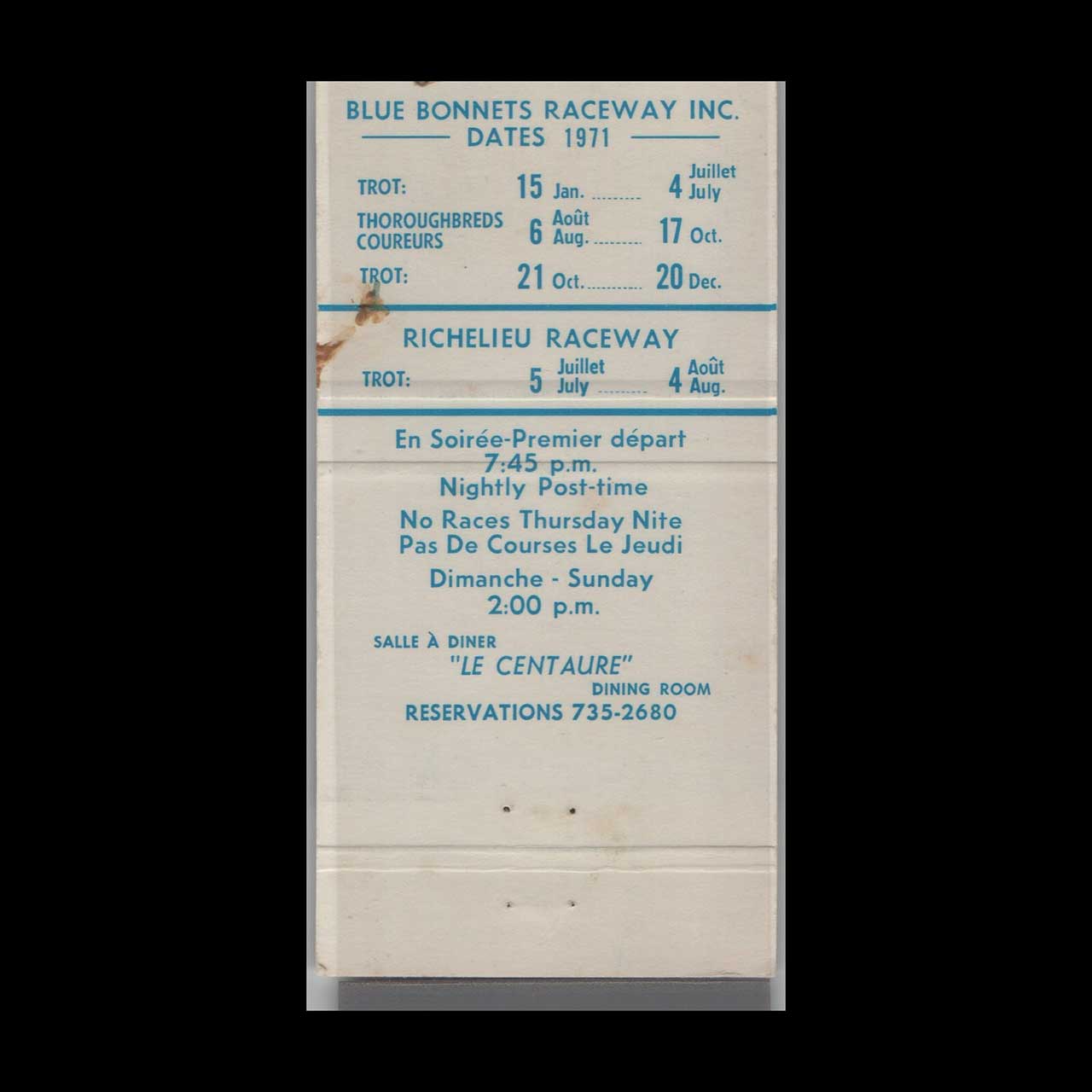 Blue Bonnets Race Track Matchbook Cover Montreal Blue Bonnets Race Track Matchbook Cover Montreal