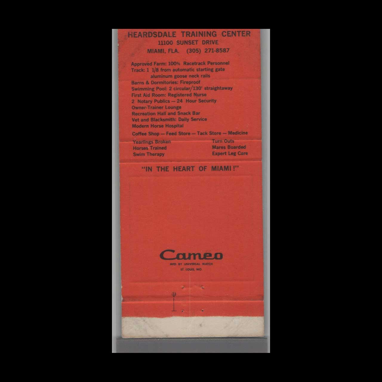 Heardsdale Thoroughbred Farm Matchbook Cover Miami Heardsdale Thoroughbred Farm Matchbook Cover Miami
