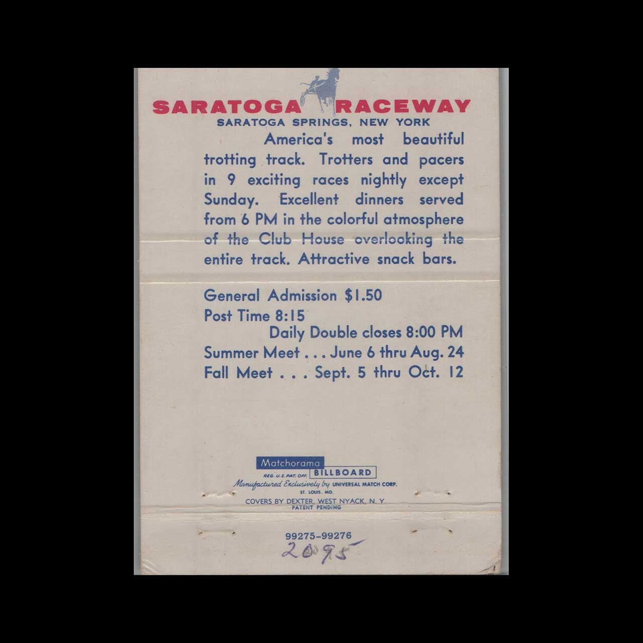 Saratoga Raceway Night Harness Racing Matchbook Cover Saratoga Raceway Night Harness Racing Matchbook Cover