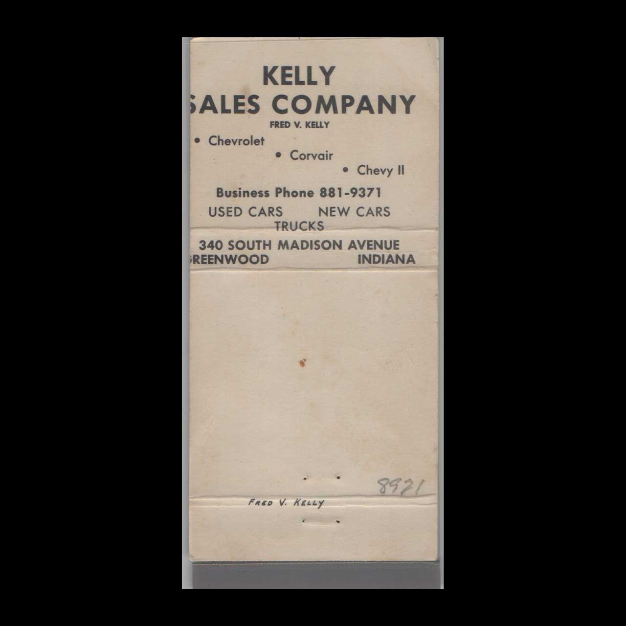 Chevrolet Dealer Kelly Chevy Greenwood IN Matchbook Cover Chevrolet Dealer Kelly Chevy Greenwood IN Matchbook Cover