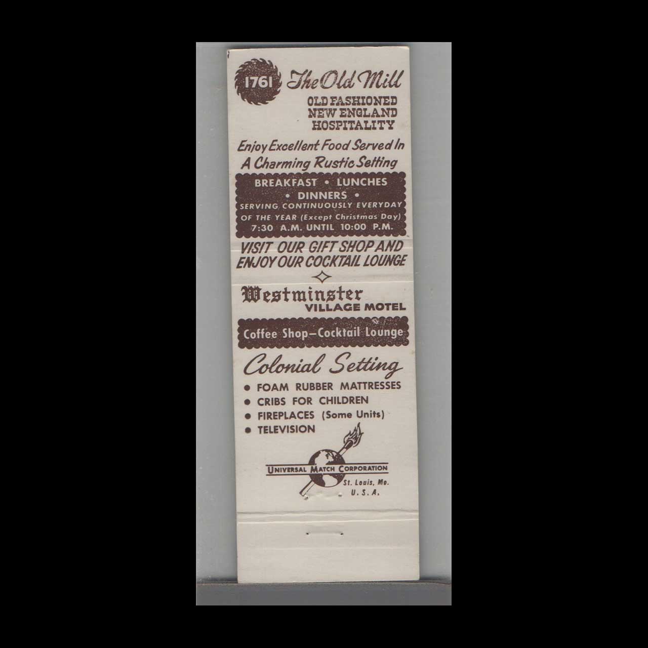 The Old Mill Restaurant Matchbook Cover Westminster CA The Old Mill Restaurant Matchbook Cover Westminster CA