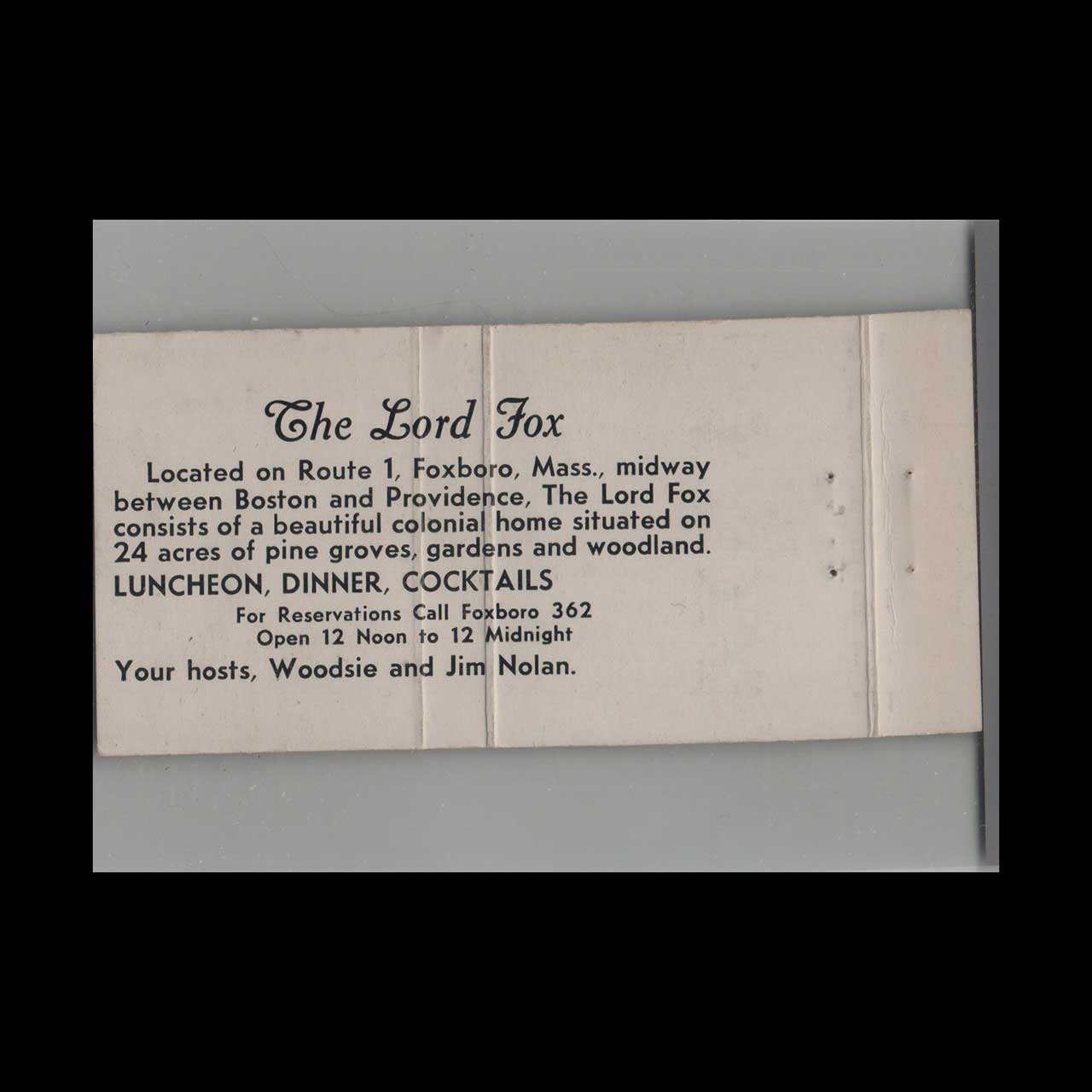 The Lord Fox Restaurant & Lounge Foxboro Matchbook Cover The Lord Fox Restaurant & Lounge Foxboro Matchbook Cover