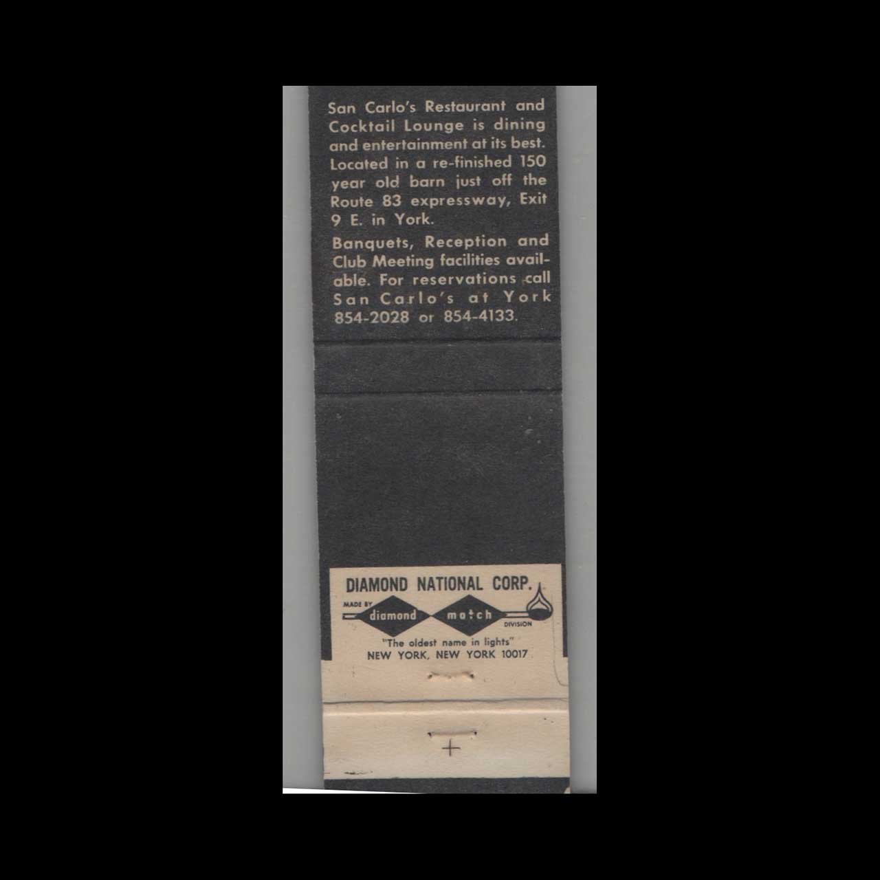 San Carlos Restaurant & Cocktail Lounge Matchbook Cover York PA San Carlos Restaurant & Cocktail Lounge Matchbook Cover York PA